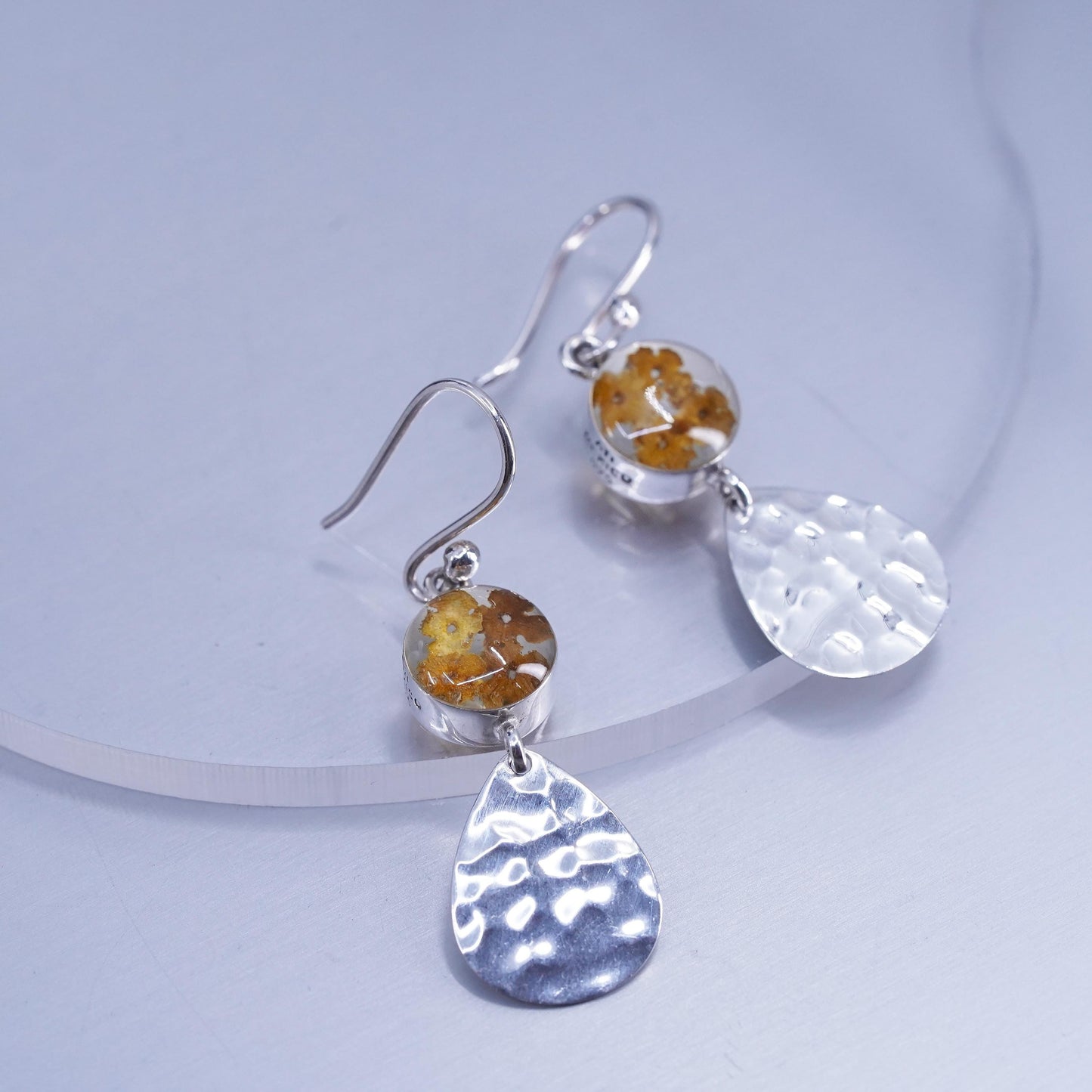 Vintage Sterling 925 silver handmade teardrop earrings with resin flower bead