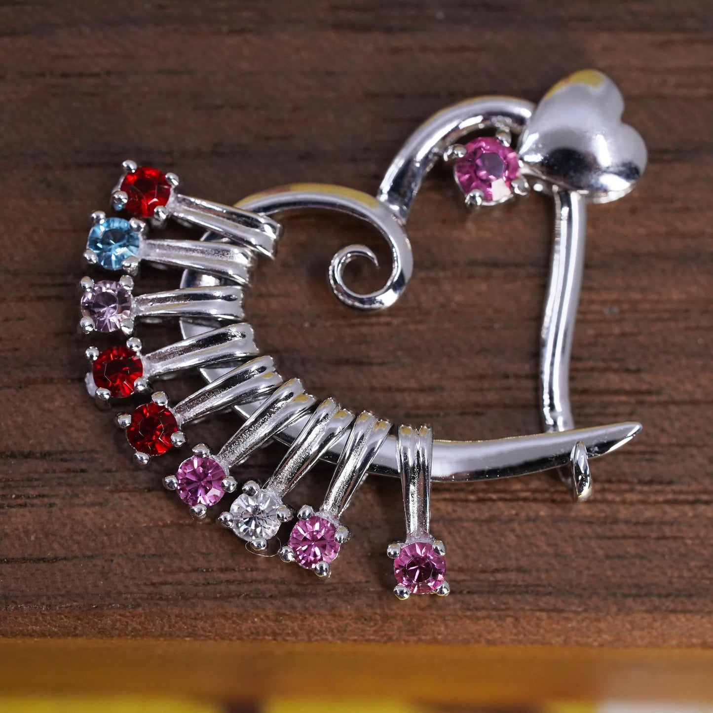 Vintage Sterling silver pendant, 925 double heart with ruby and crystal