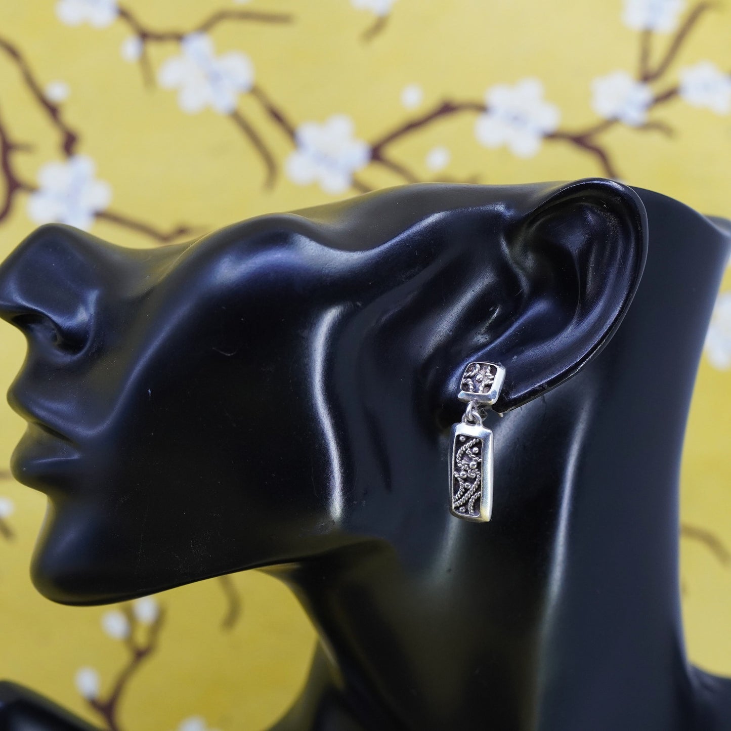 Vintage Sterling silver handmade earrings, 925 Bali Filigree beads drops