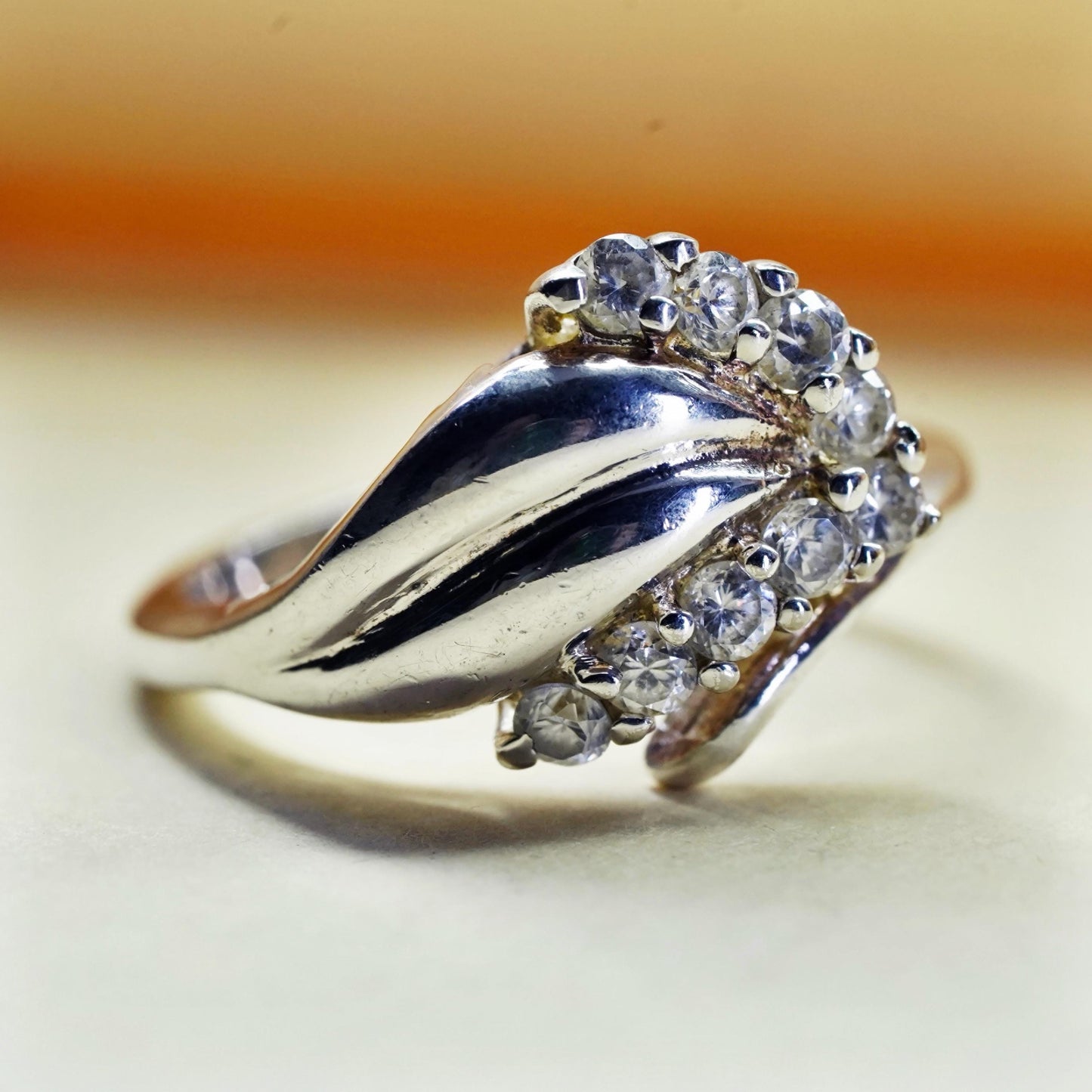 Size 6, vintage sterling 925 silver wavy band ring with CZ details