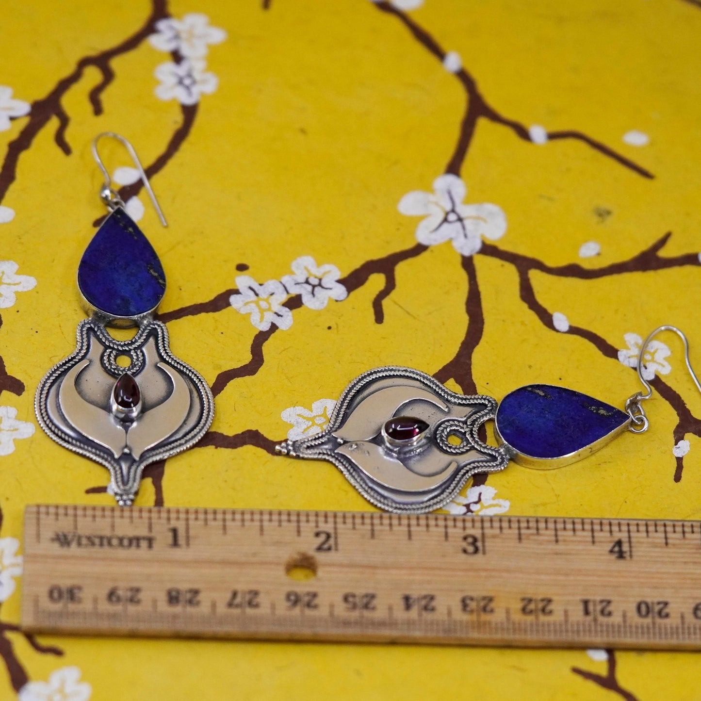 Vintage handmade sterling 925 silver earrings with teardrop lapis lazuli garnet
