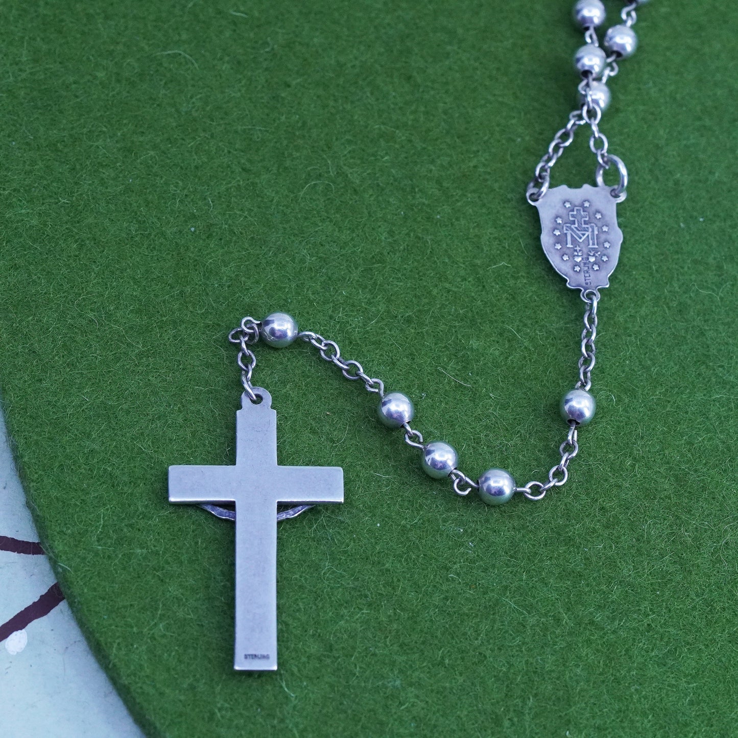 24”, sterling silver rosary necklace circle chain with Jesus cross pendant bead