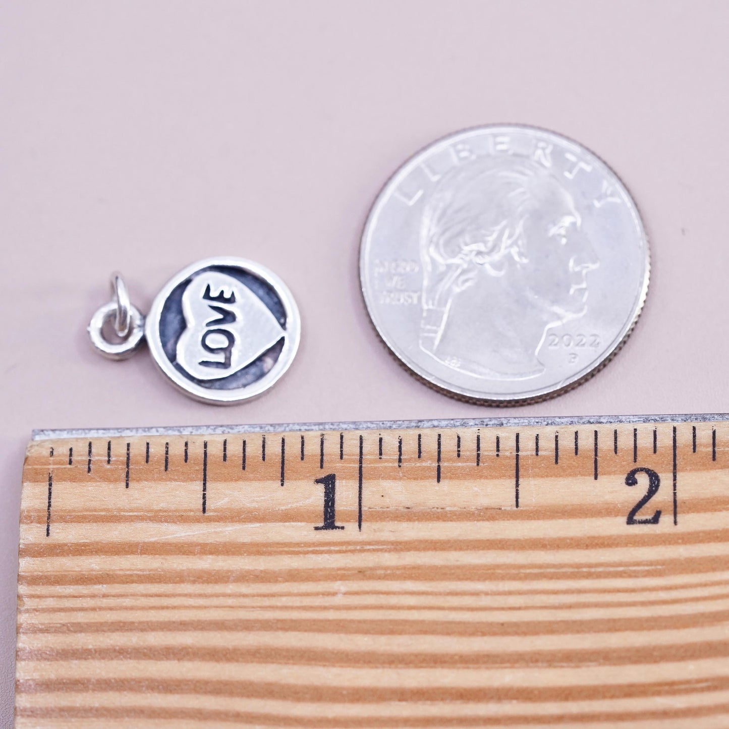 Vintage sterling silver handmade pendant, 925 circle tag charm embossed "love"