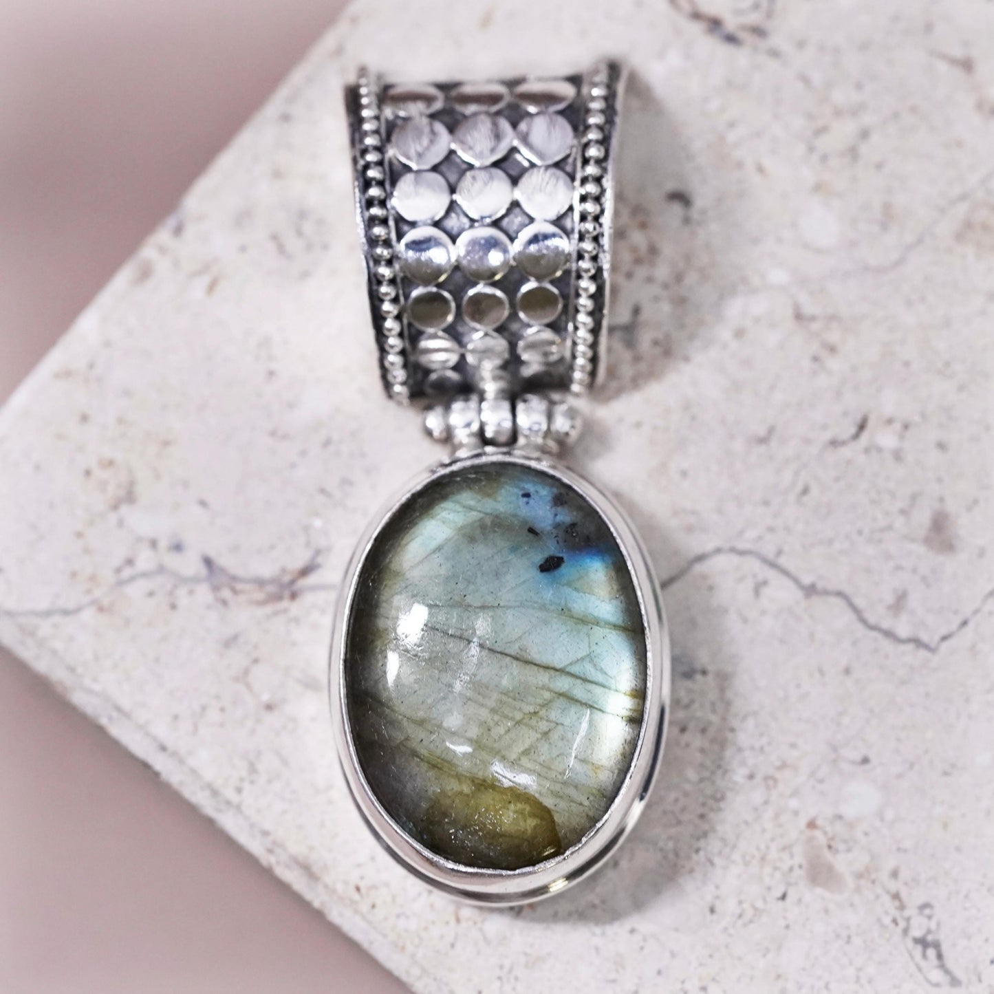Vintage Sterling silver handmade pendant, 925 bead textured oval labradorite