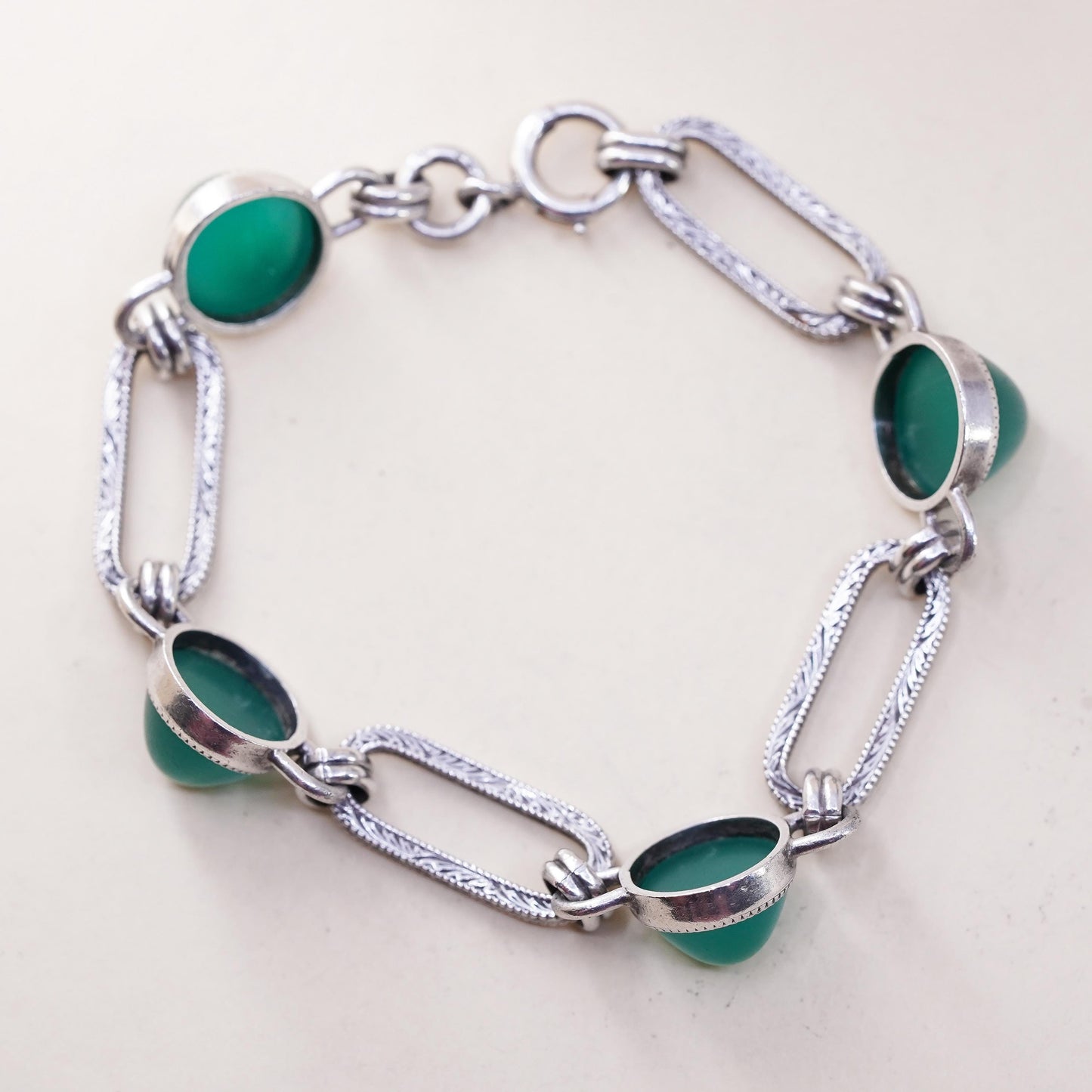7.5”, vintage sterling 925 silver handmade textured long oval bracelet jade