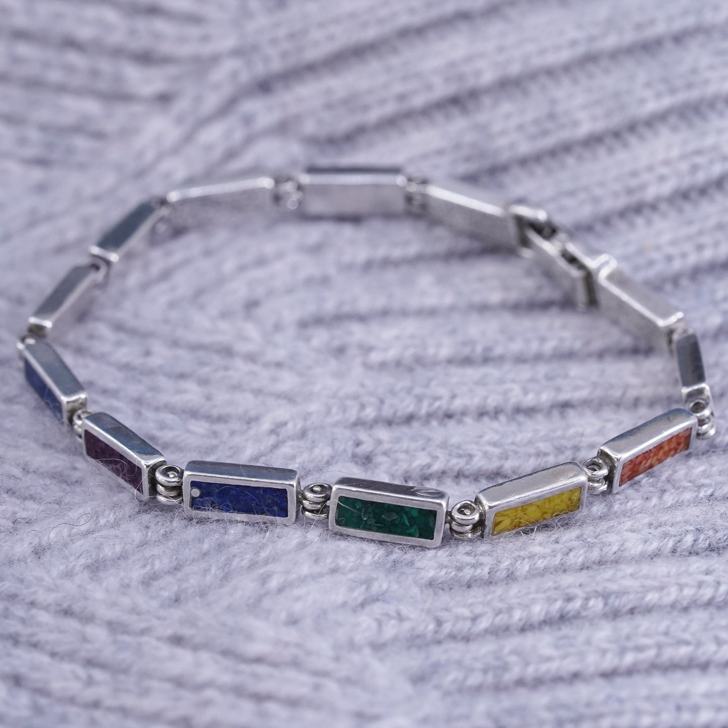 7.5”, Mexico Sterling 925 silver handmade tennis bracelet colorful turquoise