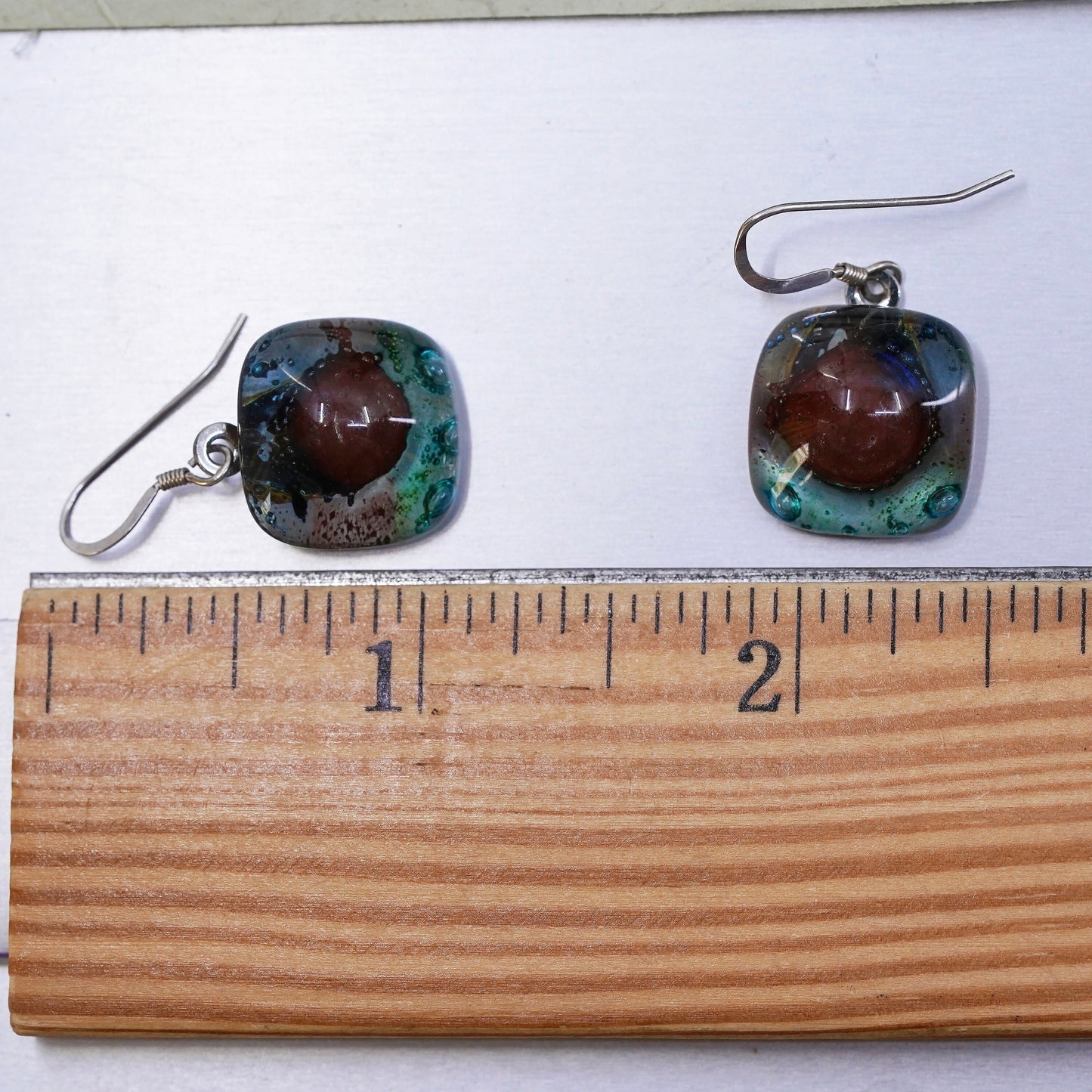 Vintage Sterling 925 silver handmade earrings square foiled artisan glass drops