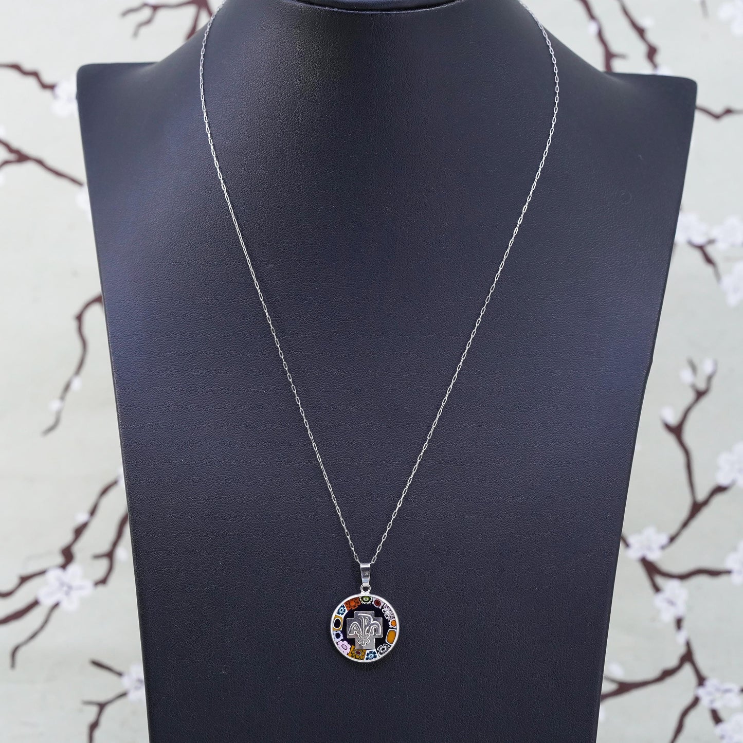 18”, Italy sterling 925 silver artisan blue murano floral glass necklace
