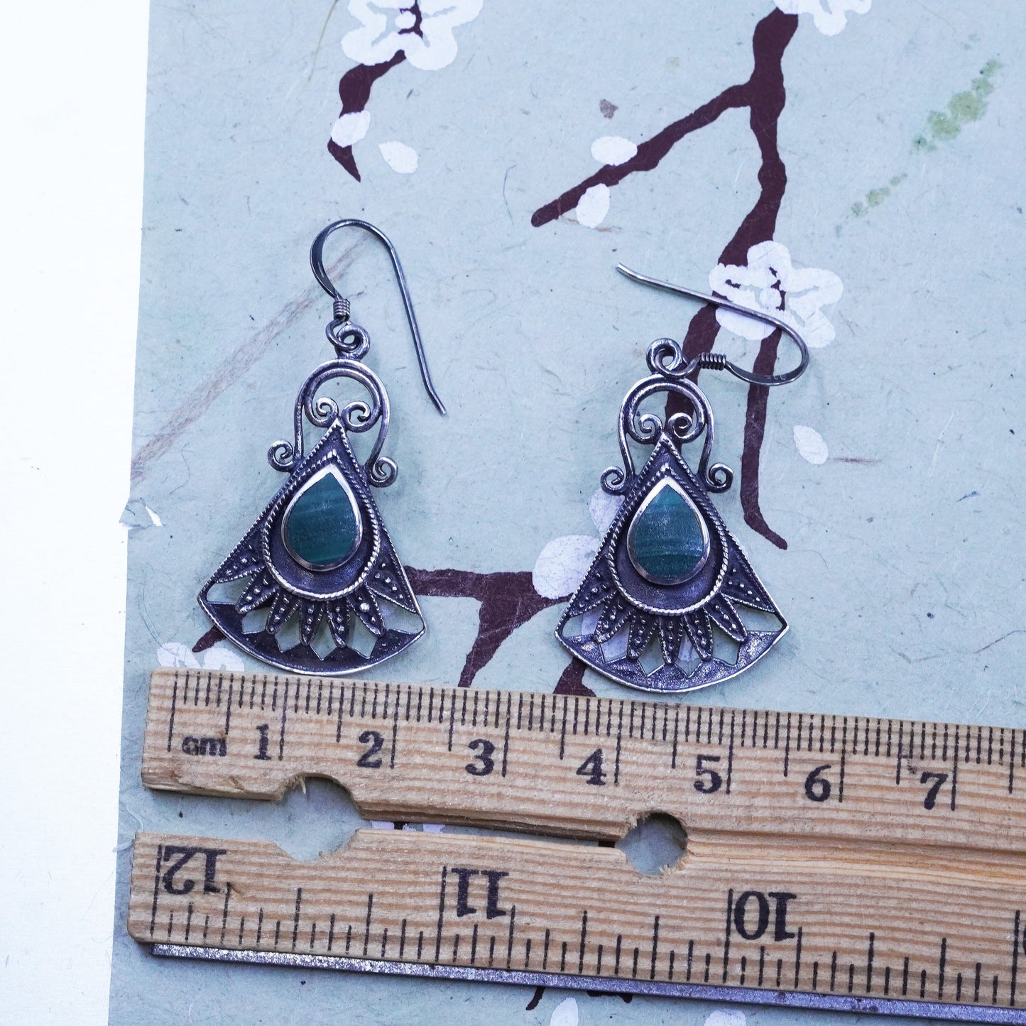 Vintage sterling 925 silver handmade teardrop earrings with malachite and beads
