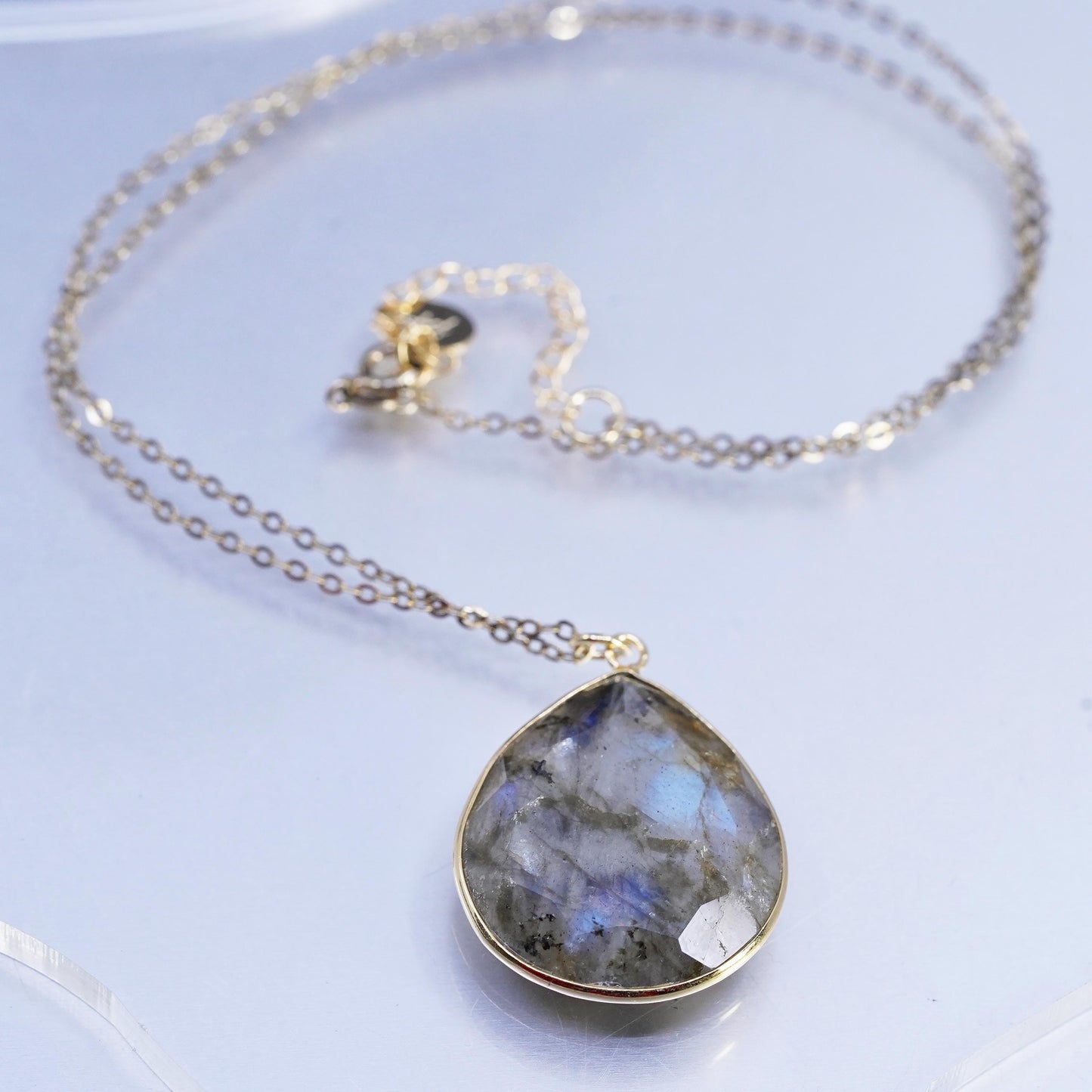 18+2", vermeil gold Sterling Silver 925 necklace labradorite teardrop pendant