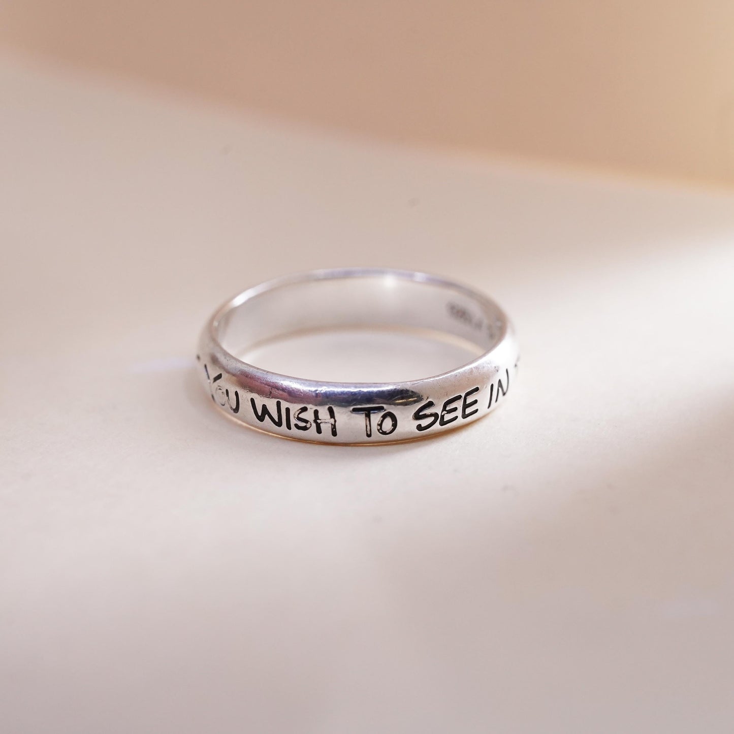 Size 8, sterling silver ring, 925 quote band, "you wish to see world be change"