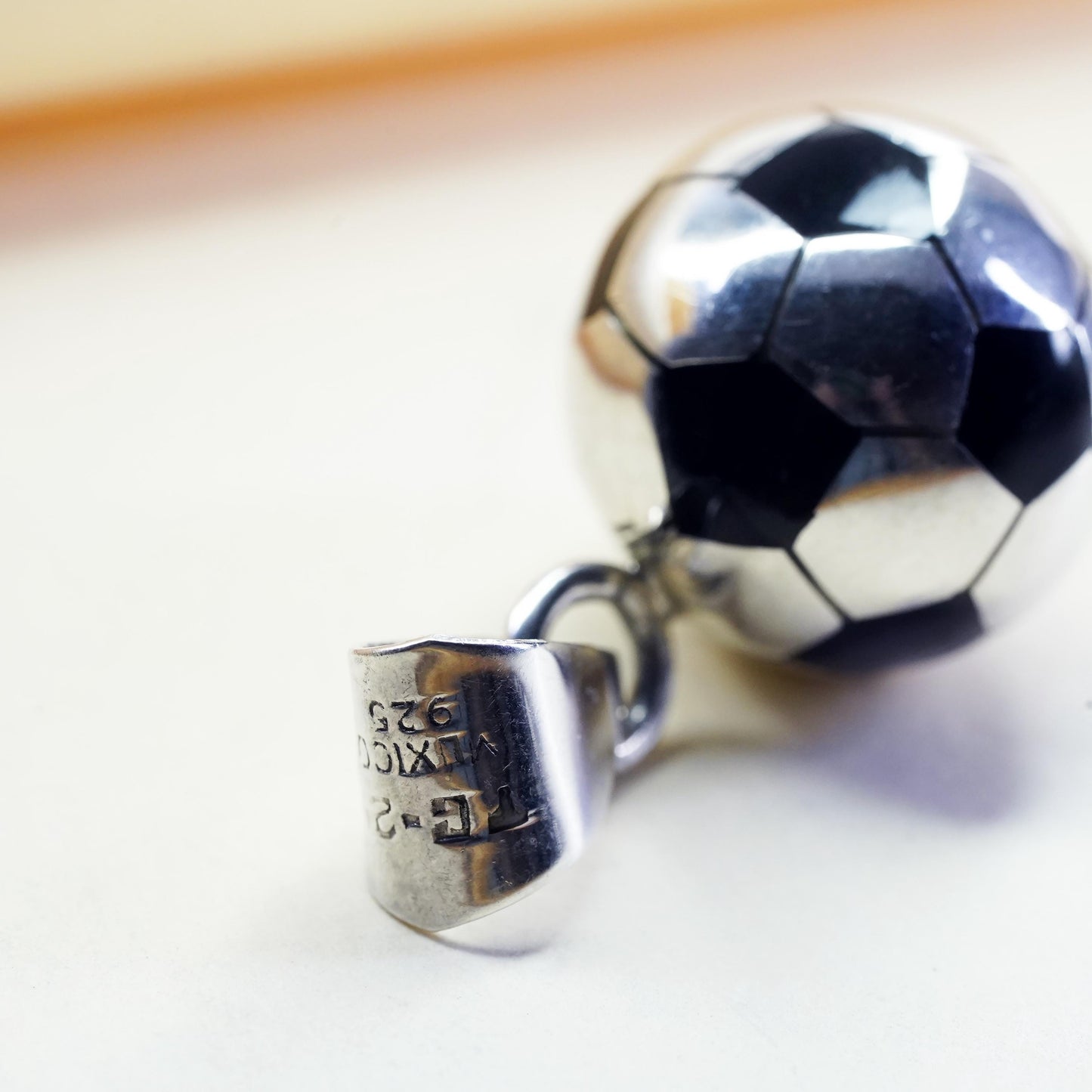 Mexican sterling silver pendant, 925 silver football soccer charm black enamel