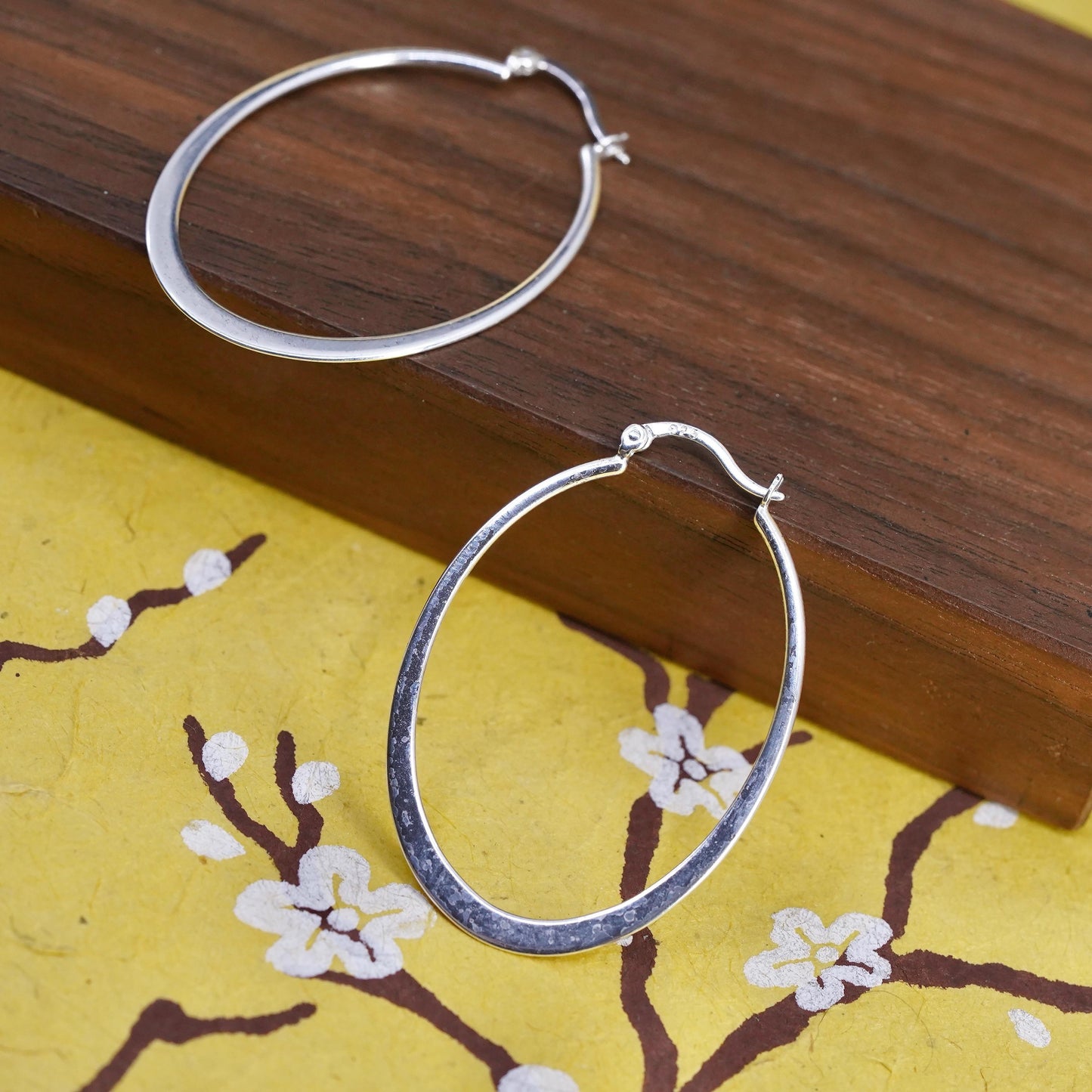 1.75", vintage Sterling silver handmade earrings, 925 flatten oval hoops