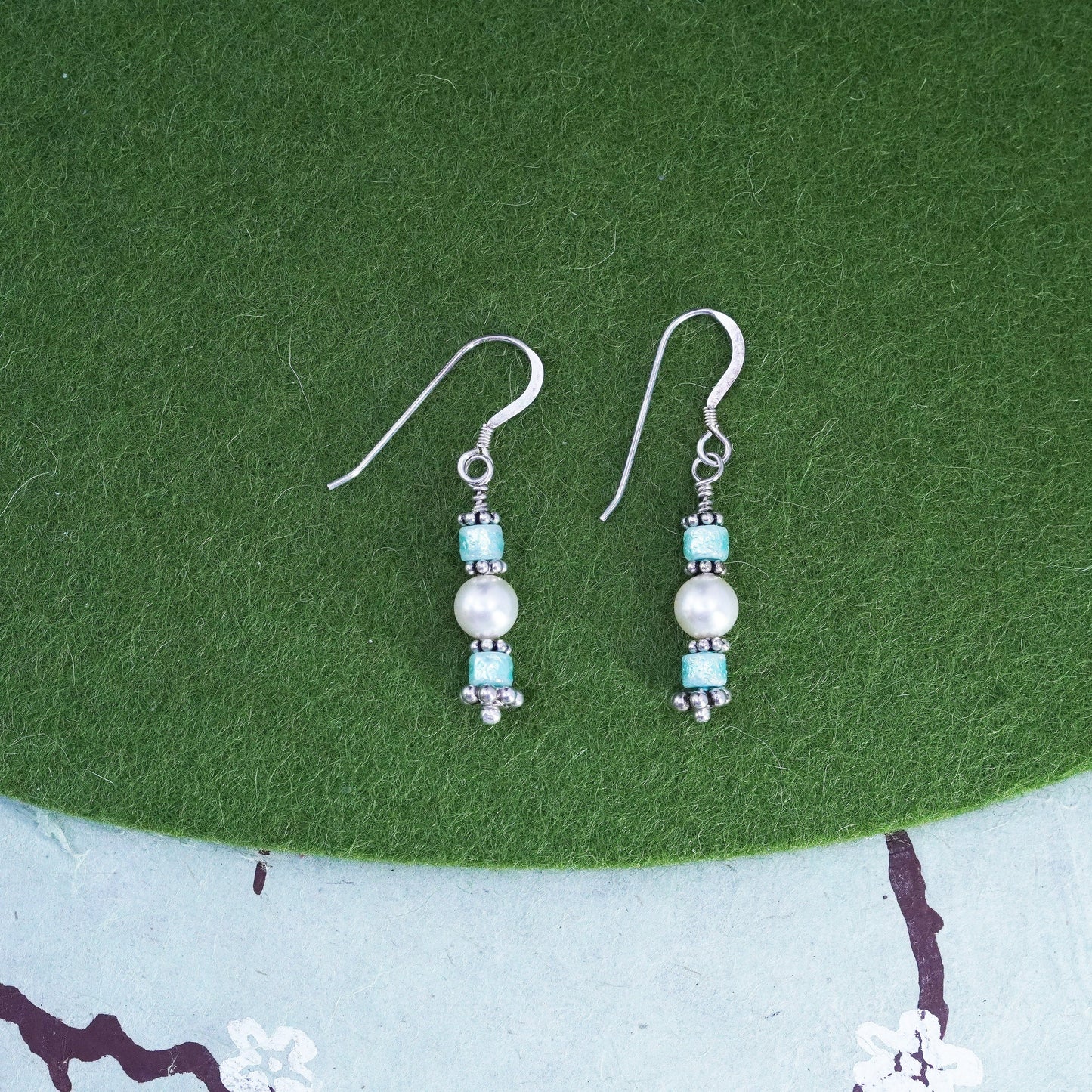Vintage Sterling silver handmade earrings, 925 hooks with pearl and glass