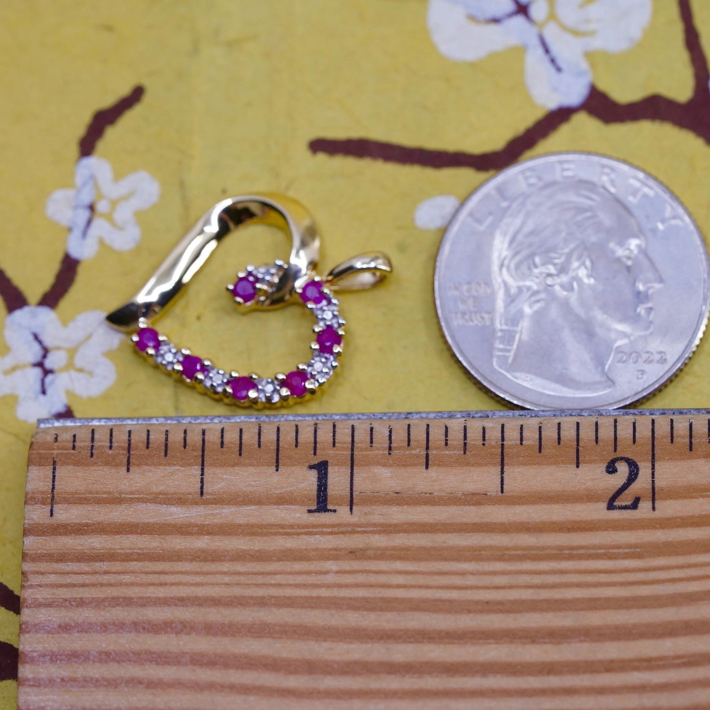 Vintage vermeil gold over Sterling 925 silver heart pendant ruby and diamonds