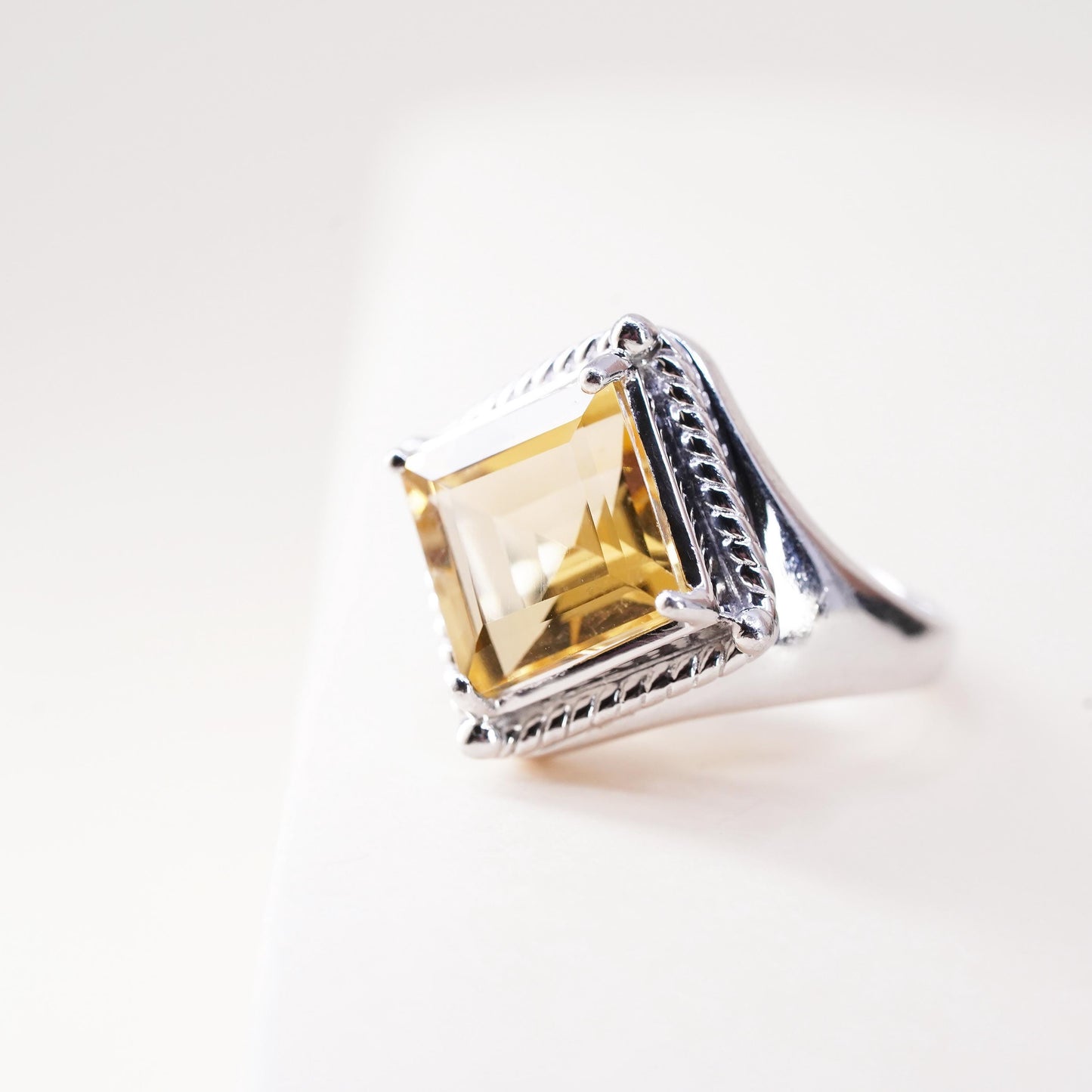 Size 7.25, vintage Sterling 925 silver handmade statement ring square citrine
