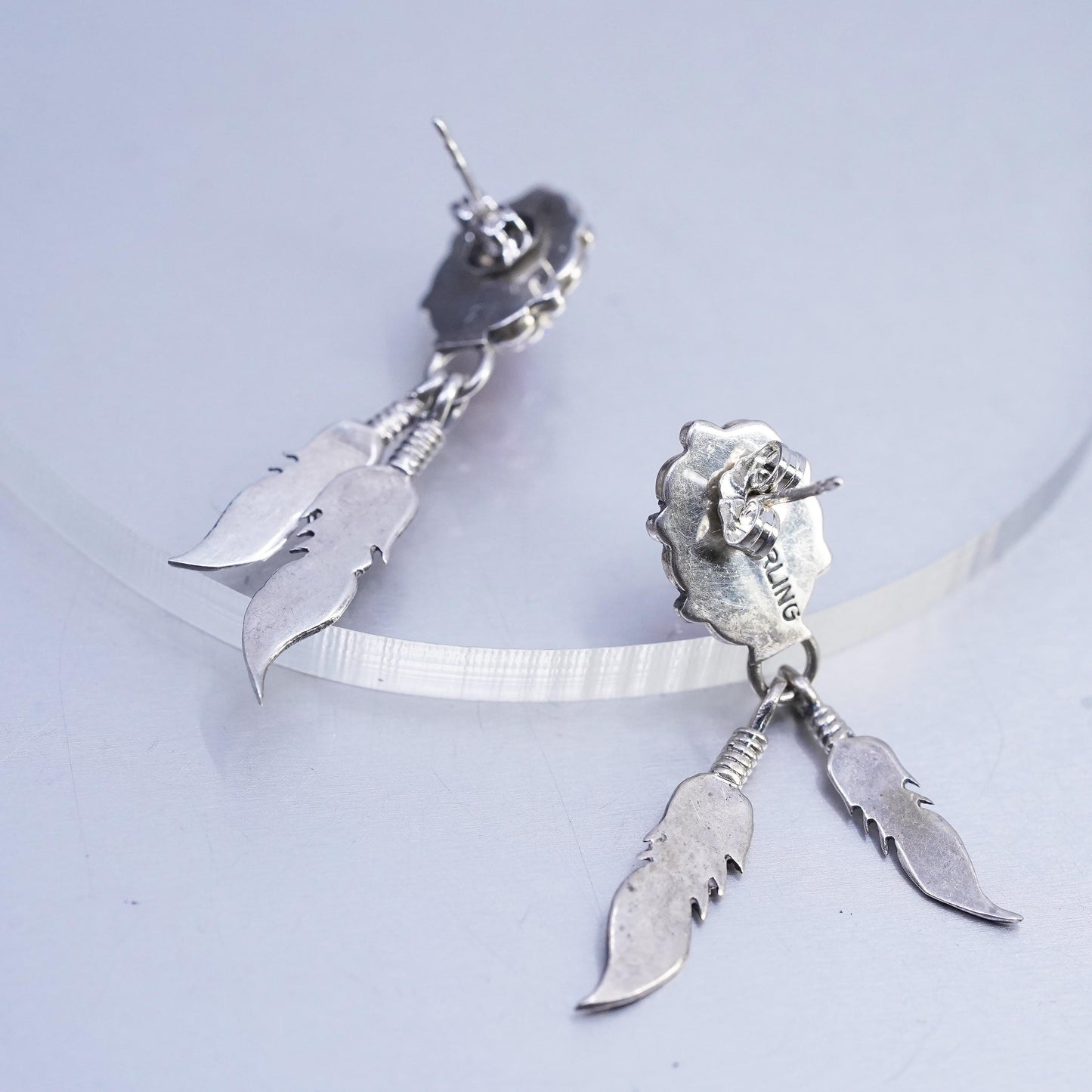 VTG Sterling silver handmade earrings, 925 teardrop studs opal feather dangles