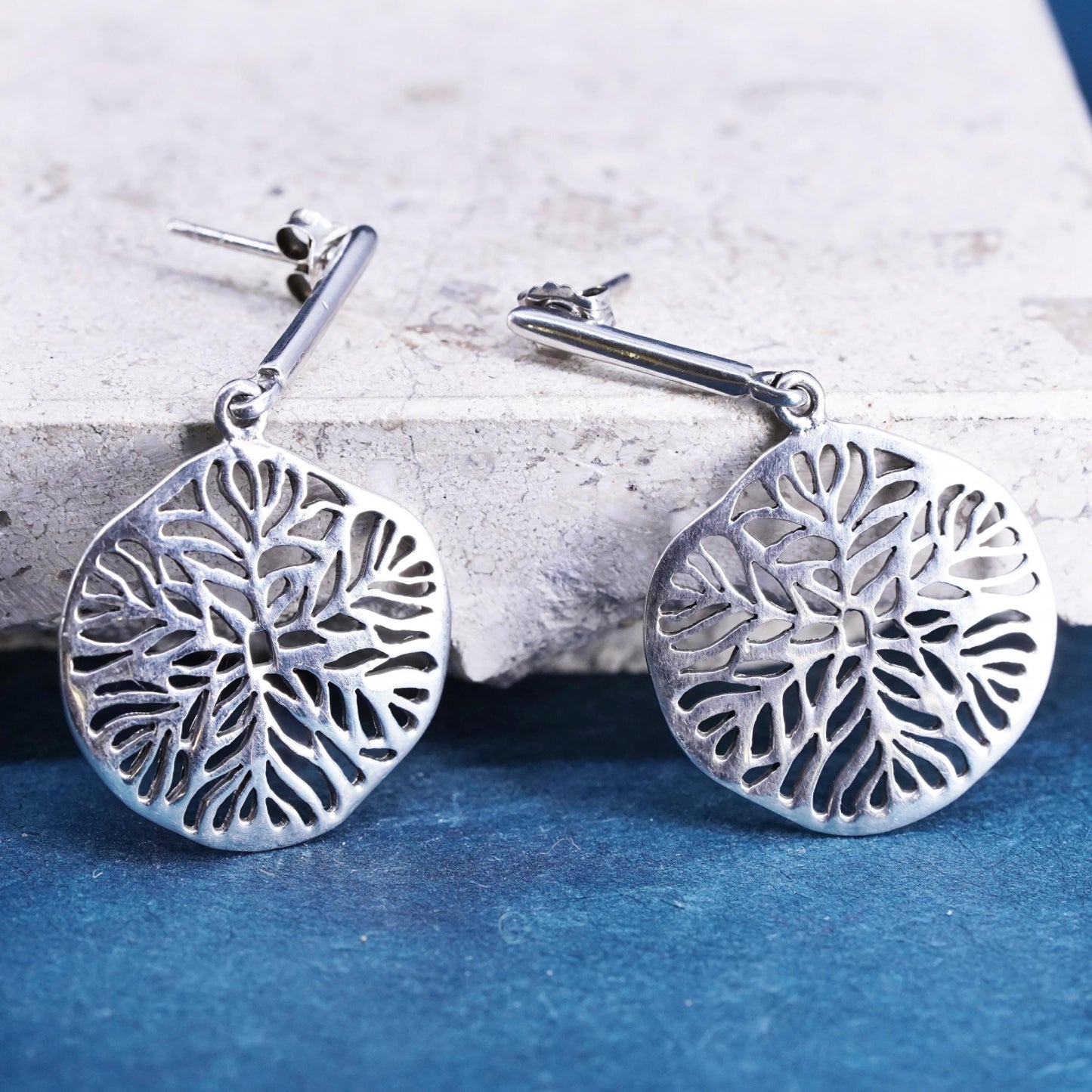 Vintage Sterling silver handmade earrings, 925 filigree leafy drops