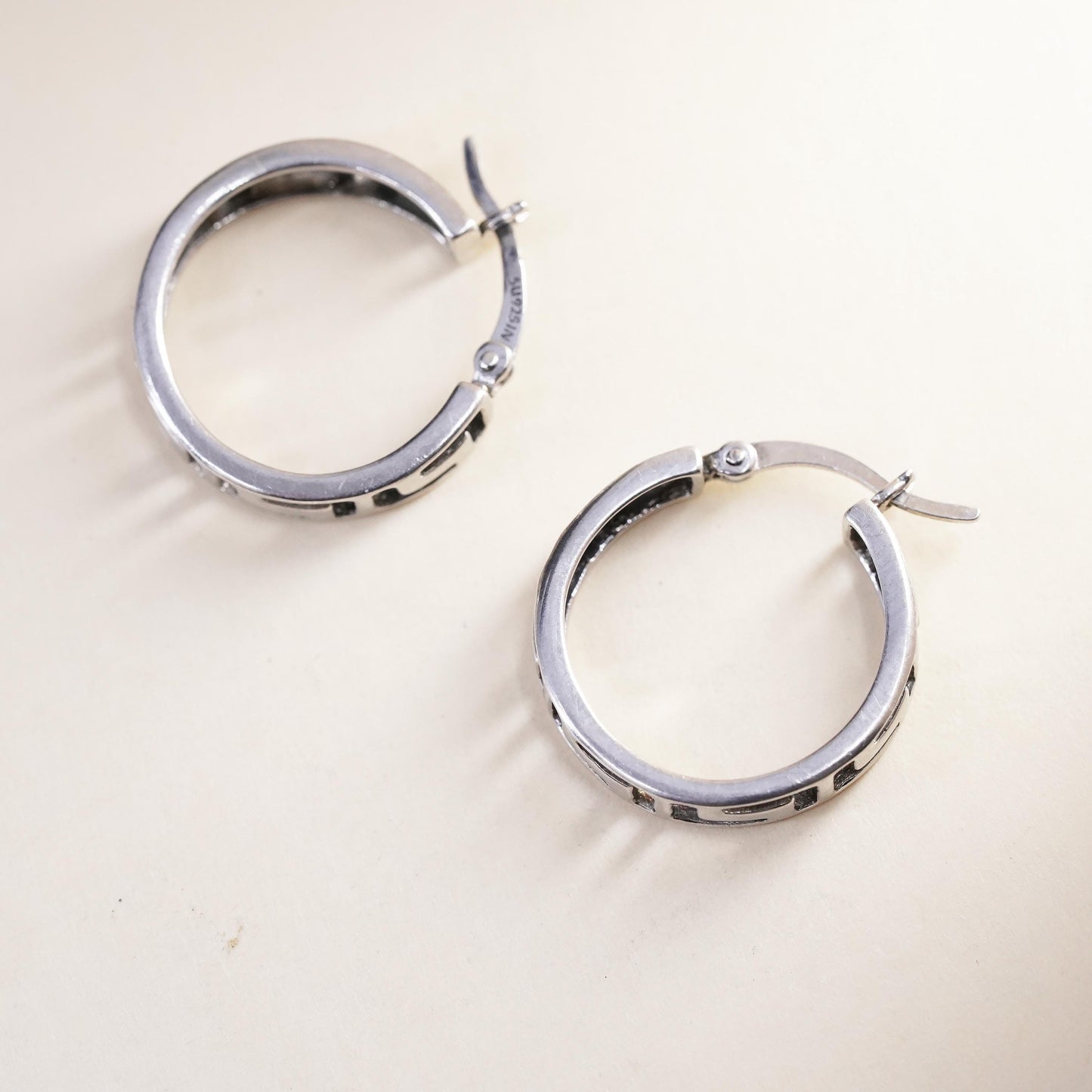 0.75", Vintage sterling silver loop earrings, fashion Greek key primitive hoops