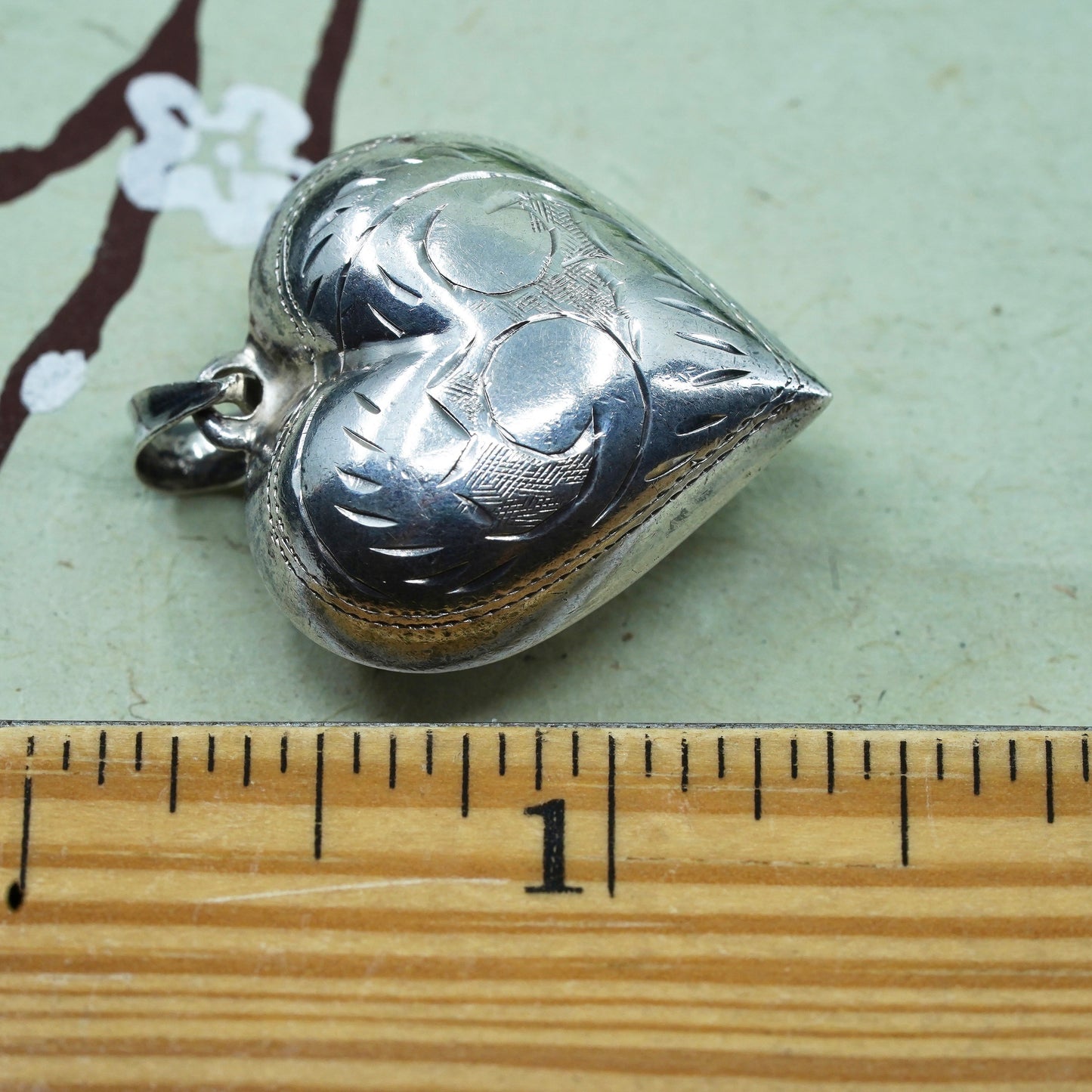 Vintage sterling silver handmade pendant, puffy heart shaped 925 silver pendant