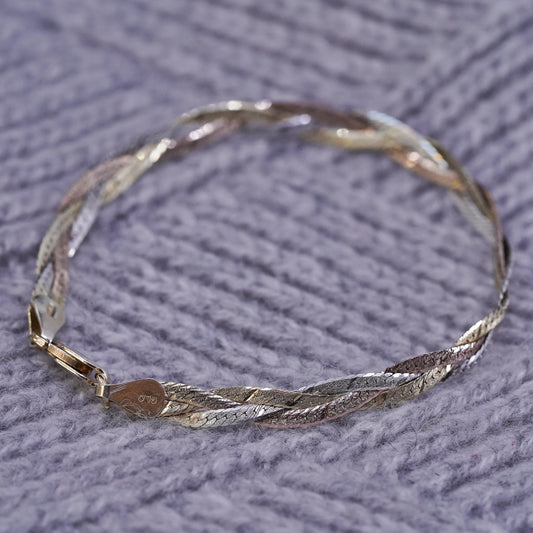 7" gold over Sterling silver bracelet, 925 woven braided herringbone chains