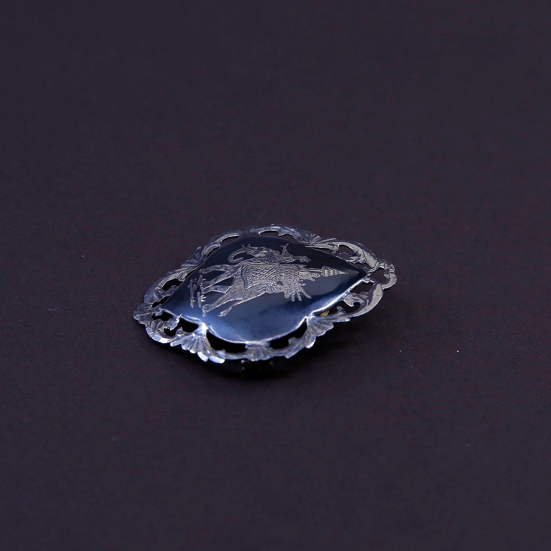 Vintage Indian handmade oxidized sterling 925 silver brooch, pendant with elephant pattern embossed. stamped 925, signed Siam