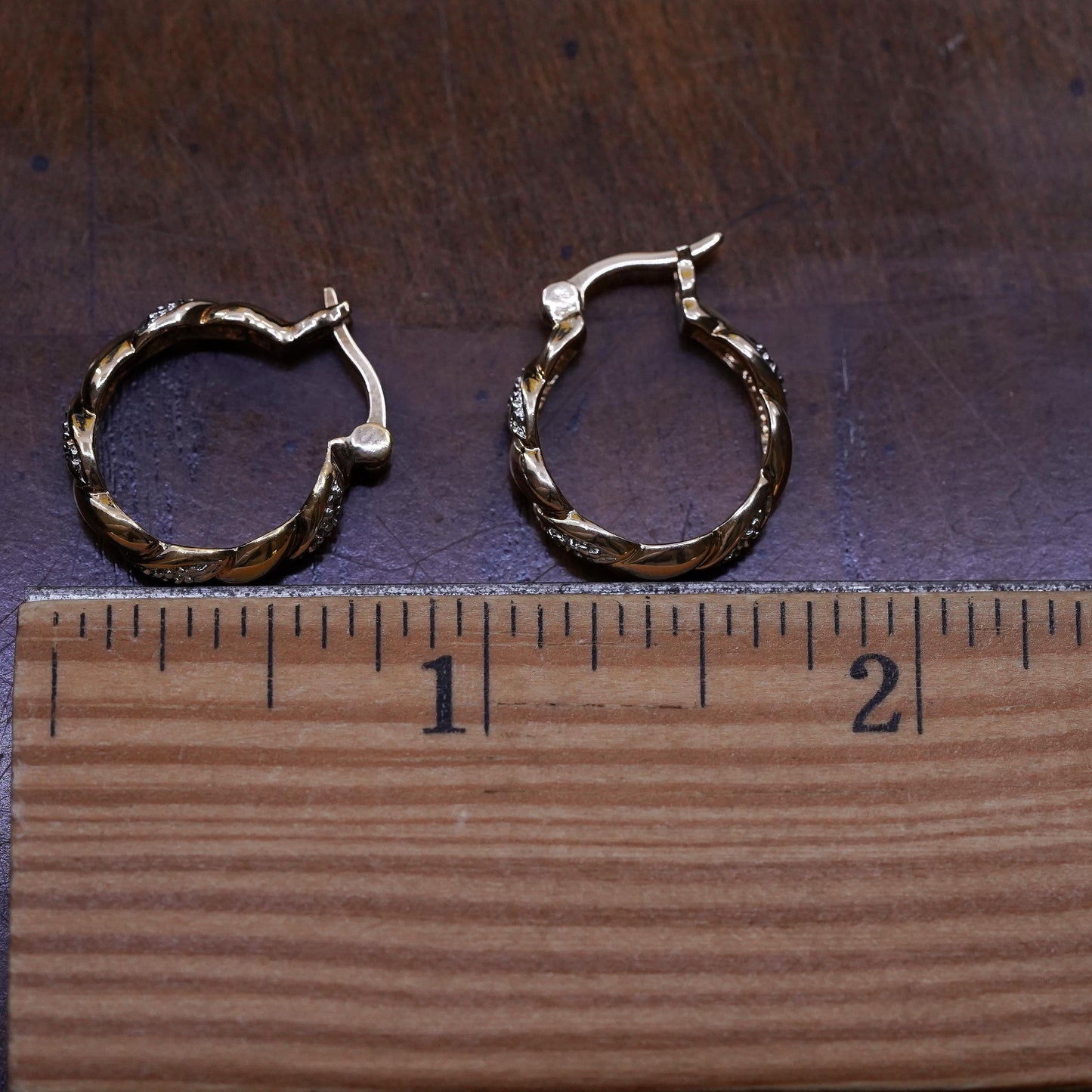 0.75", VTG vermeil gold over Sterling silver earrings, 925 huggie hoops diamond