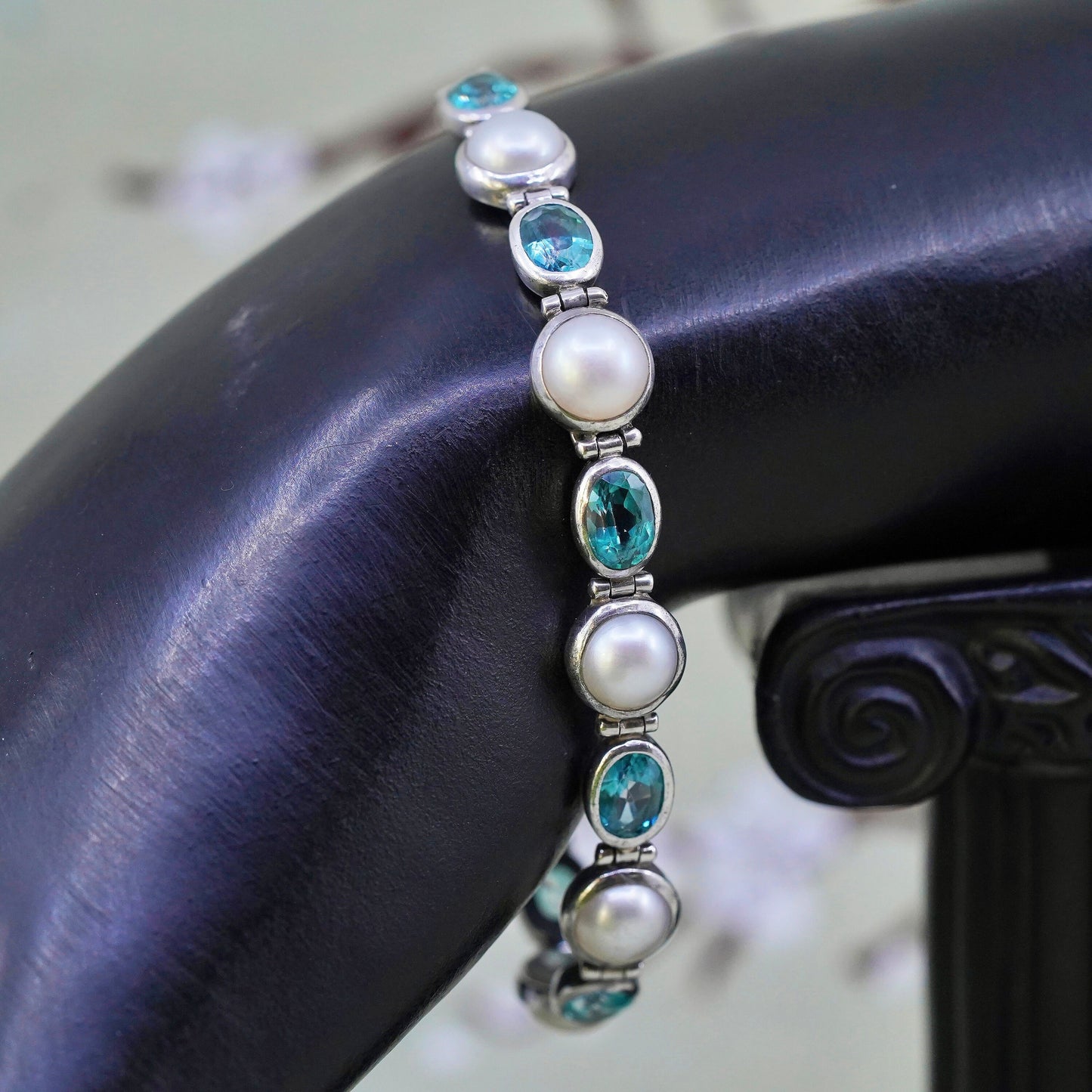 6.75", Vintage JCD Sterling silver tennis bracelet, 925 chain with topaz pearl