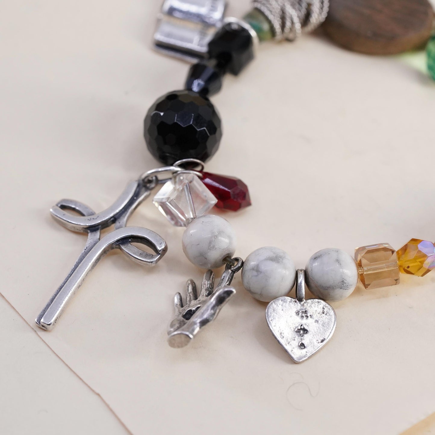 7", stretchy bracelet wood howlite beads prayer cross fish heart bible charms