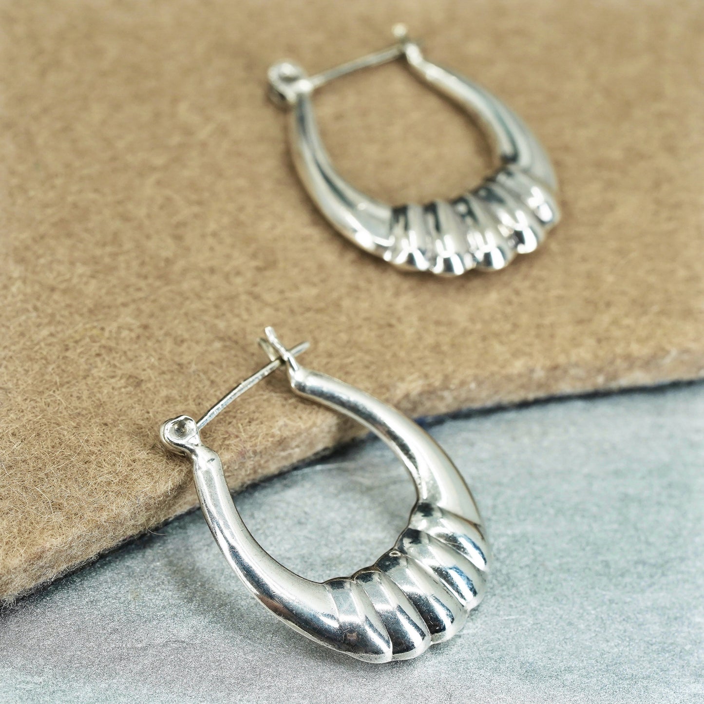 1.25”, vintage Sterling silver handmade earrings, oval 925 ribbed hoops