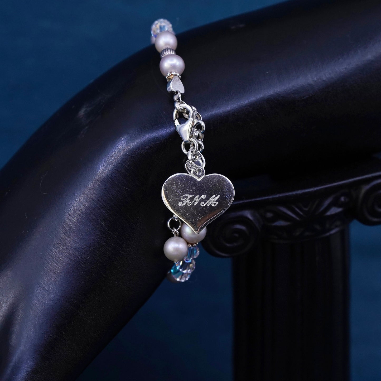 6+1", vintage Judith Jack Sterling 925 silver bracelet with pearl heart charm