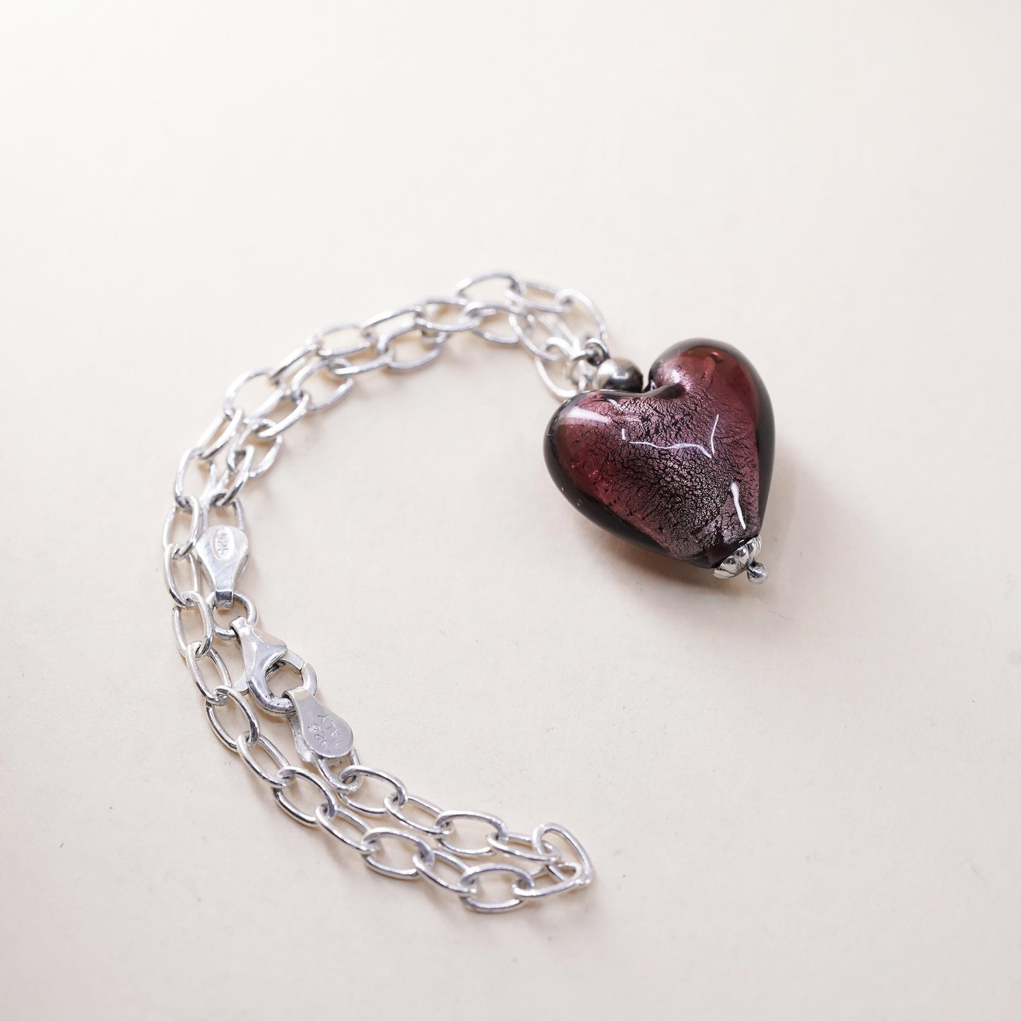 7.25" 3mm, Vintage sterling silver oval link chain with glass heart charm