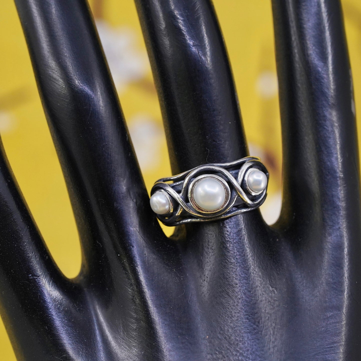 Size 8, Israel Sterling silver handmade ring, 925 statement band with pearl