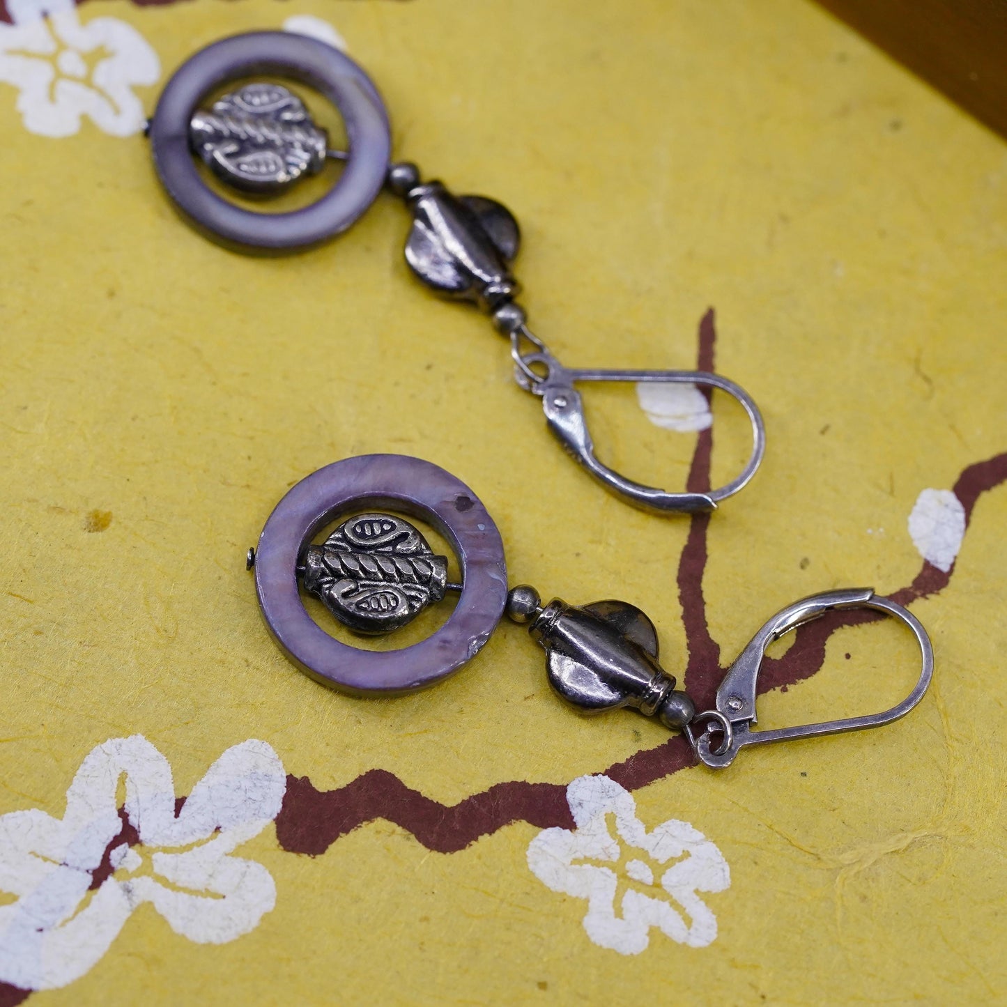 Vintage Sterling 925 silver handmade earrings with abalone circle dangles