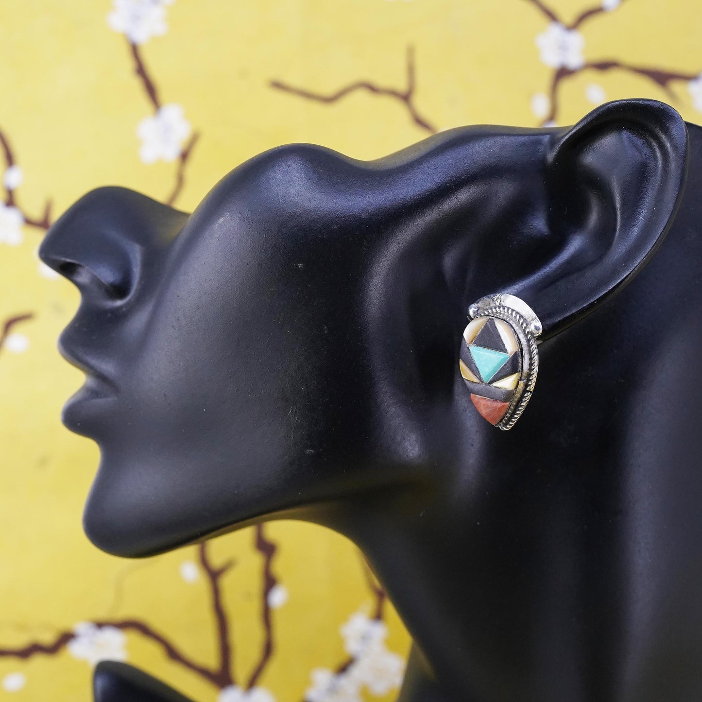 Native American Sterling 925 silver teardrop studs earrings turquoise coral
