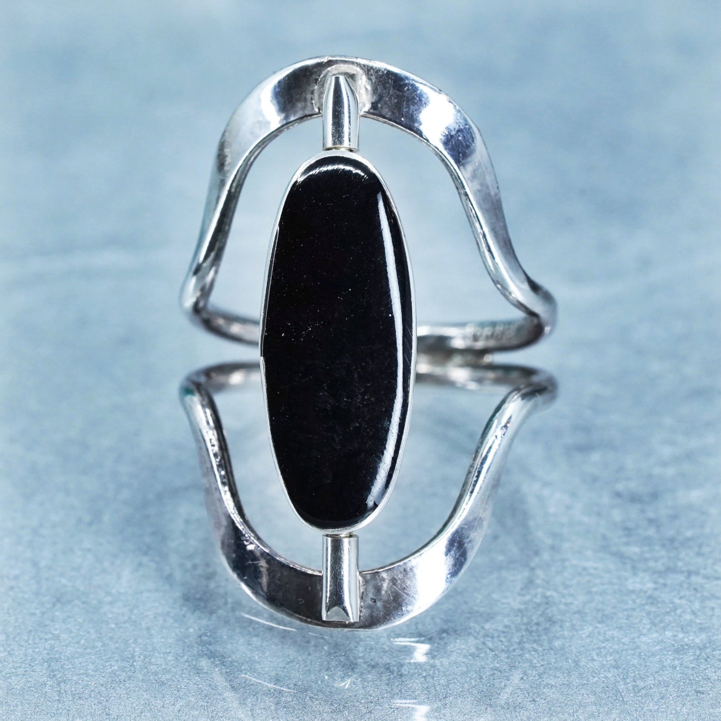 Size 8, Mexican Sterling 925 silver handmade spinner ring with onyx turquoise