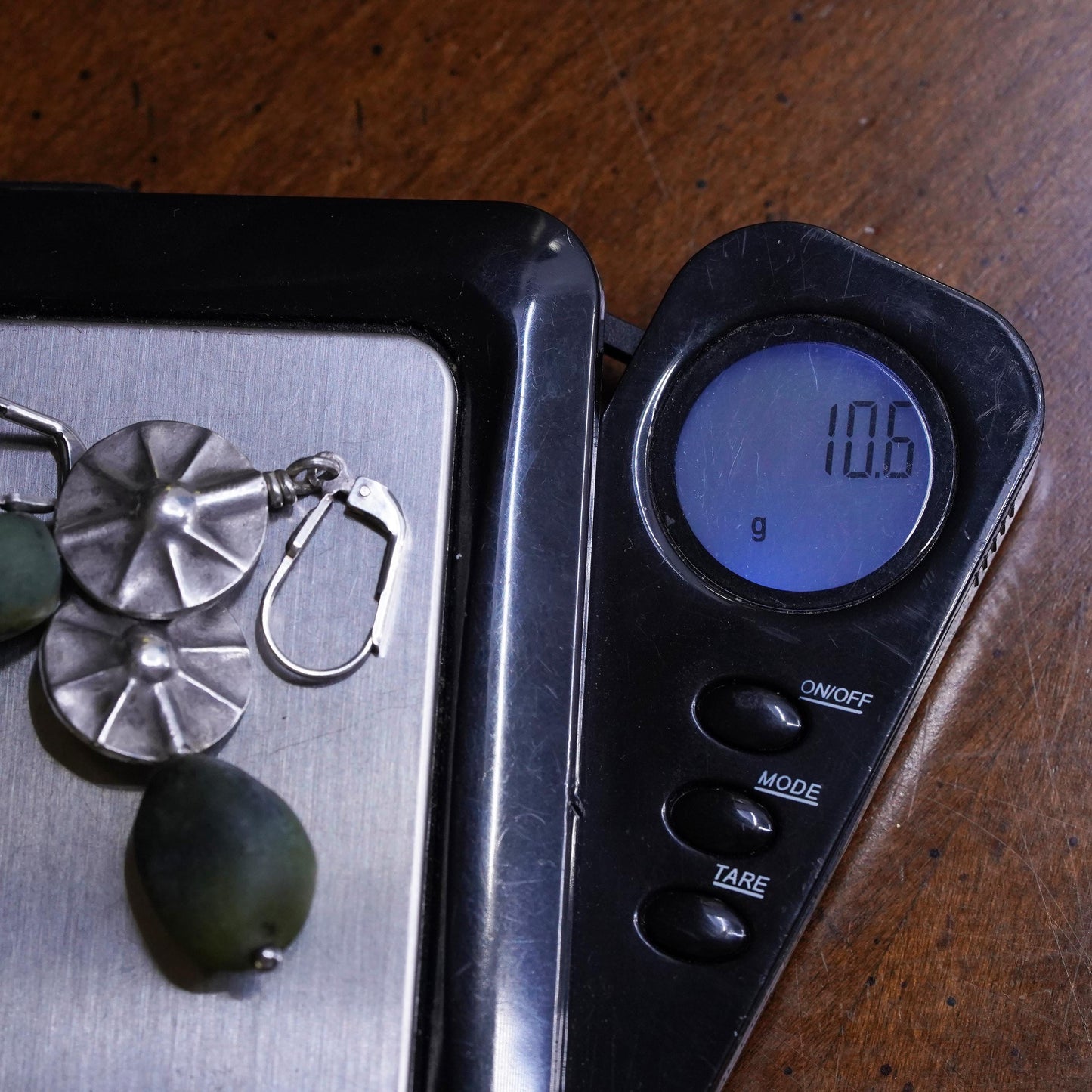 Vintage Sterling silver handmade earrings, 925 sun dangles green jade nuggets