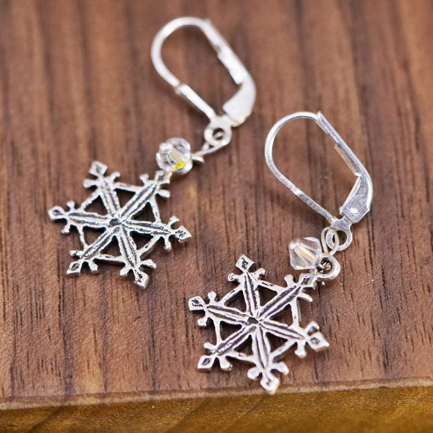 Vintage Sterling silver handmade earrings, 925 snowflake drops