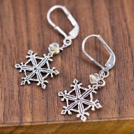 Vintage Sterling silver handmade earrings, 925 snowflake drops