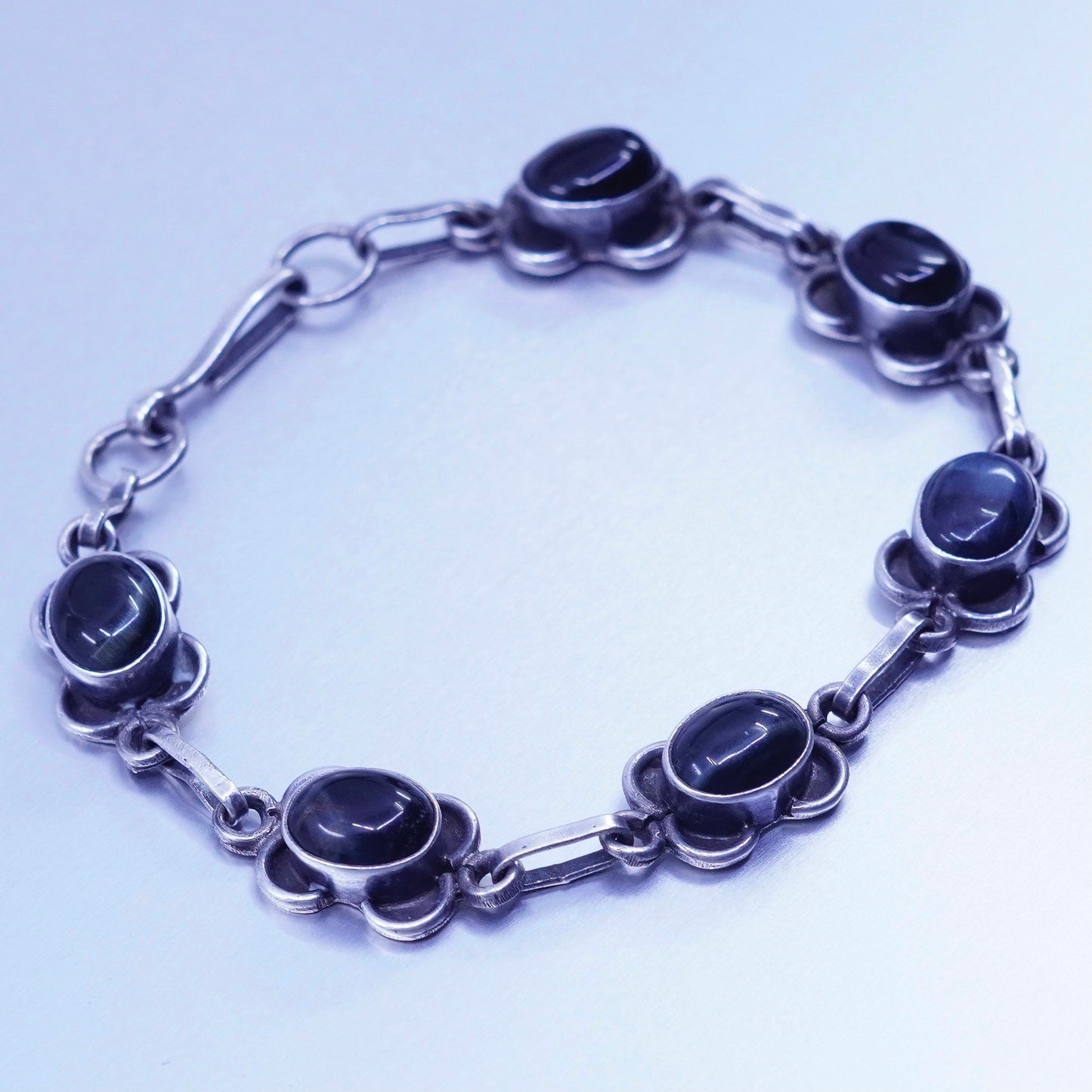 6.75”, vintage Sterling 925 silver handmade bracelet with obsidian beads