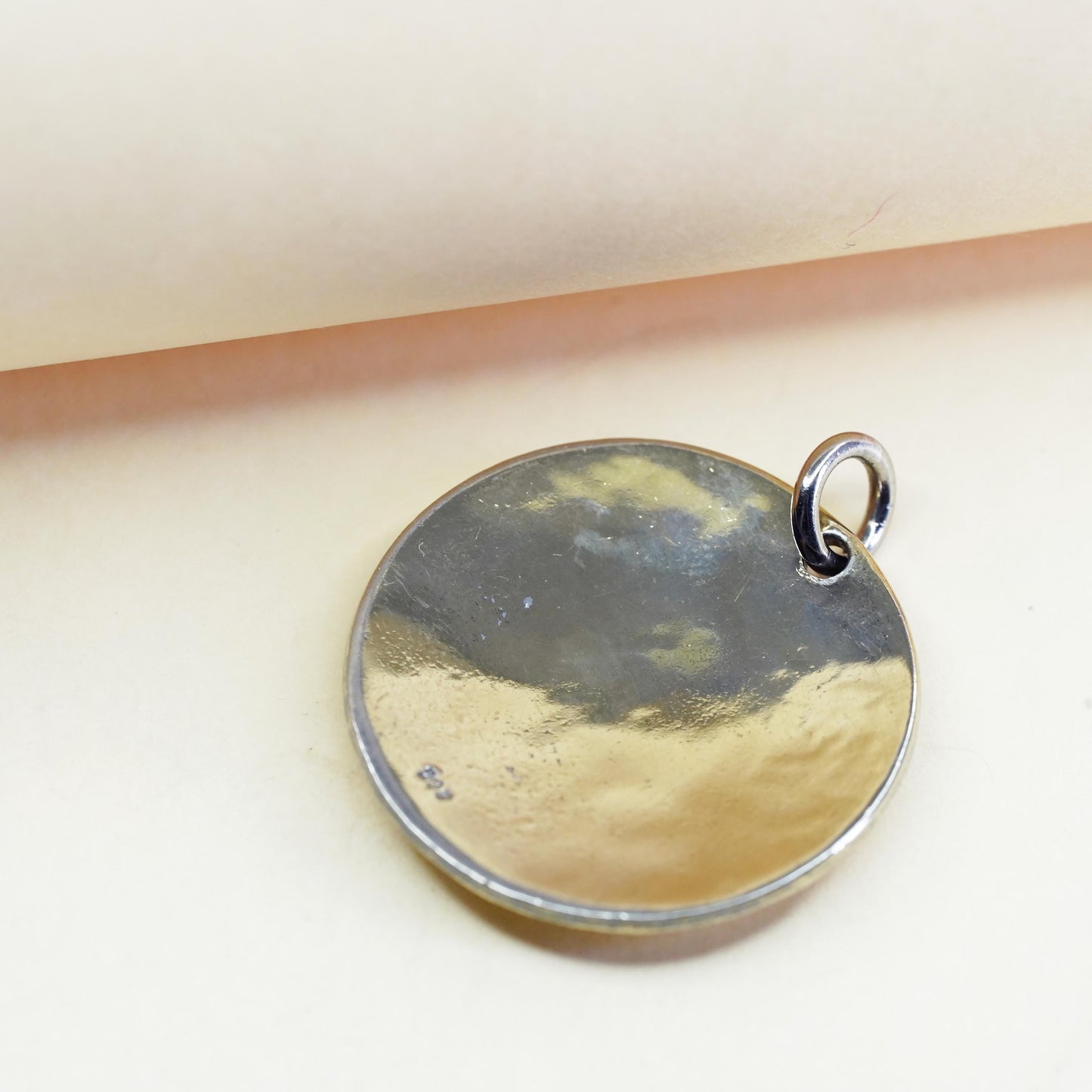 Vintage gold plated Sterling silver handmade pendant, 925 hammered tag charm
