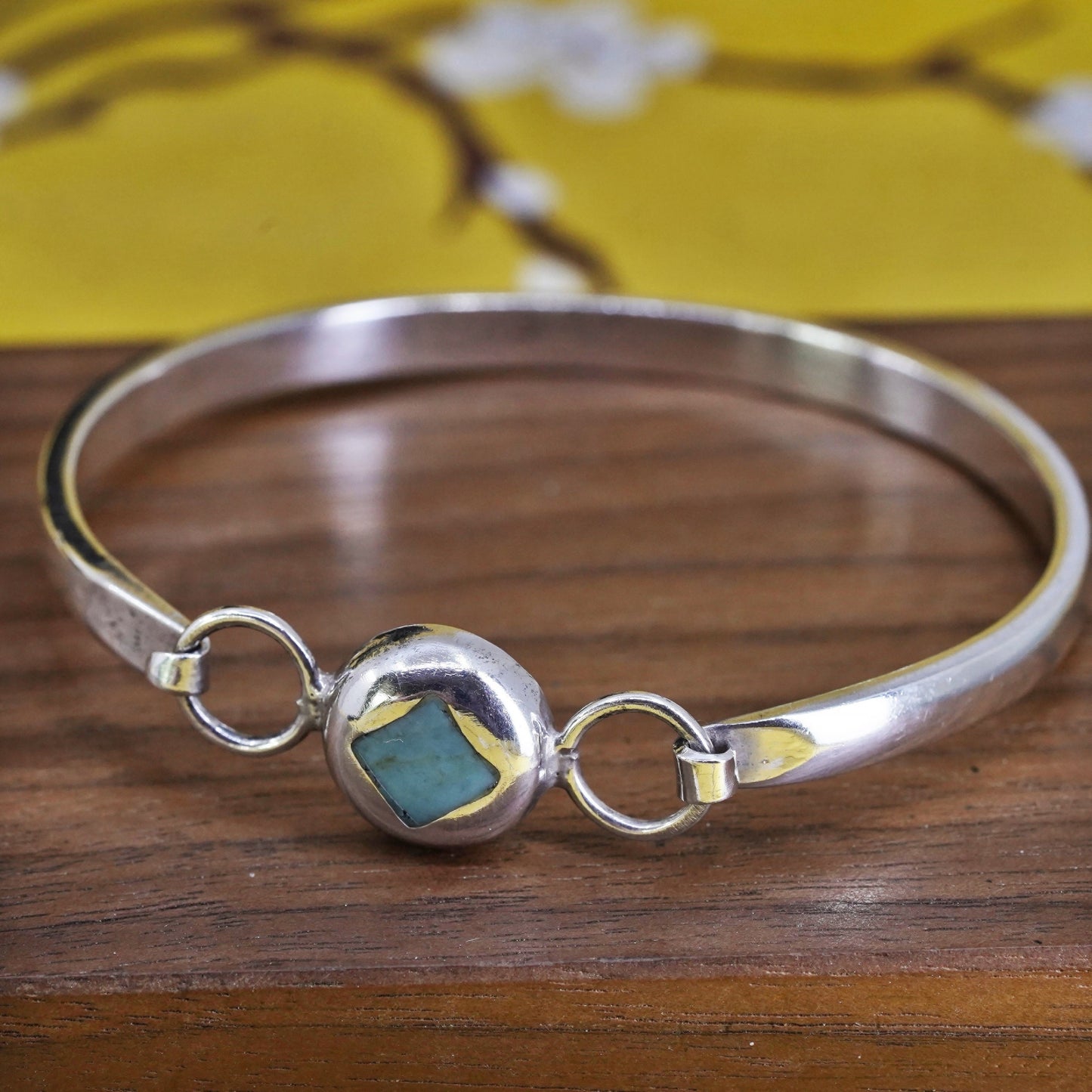 6.5”, Sterling silver handmade bracelet, Mexico 925 hinged bangle w/ turquoise