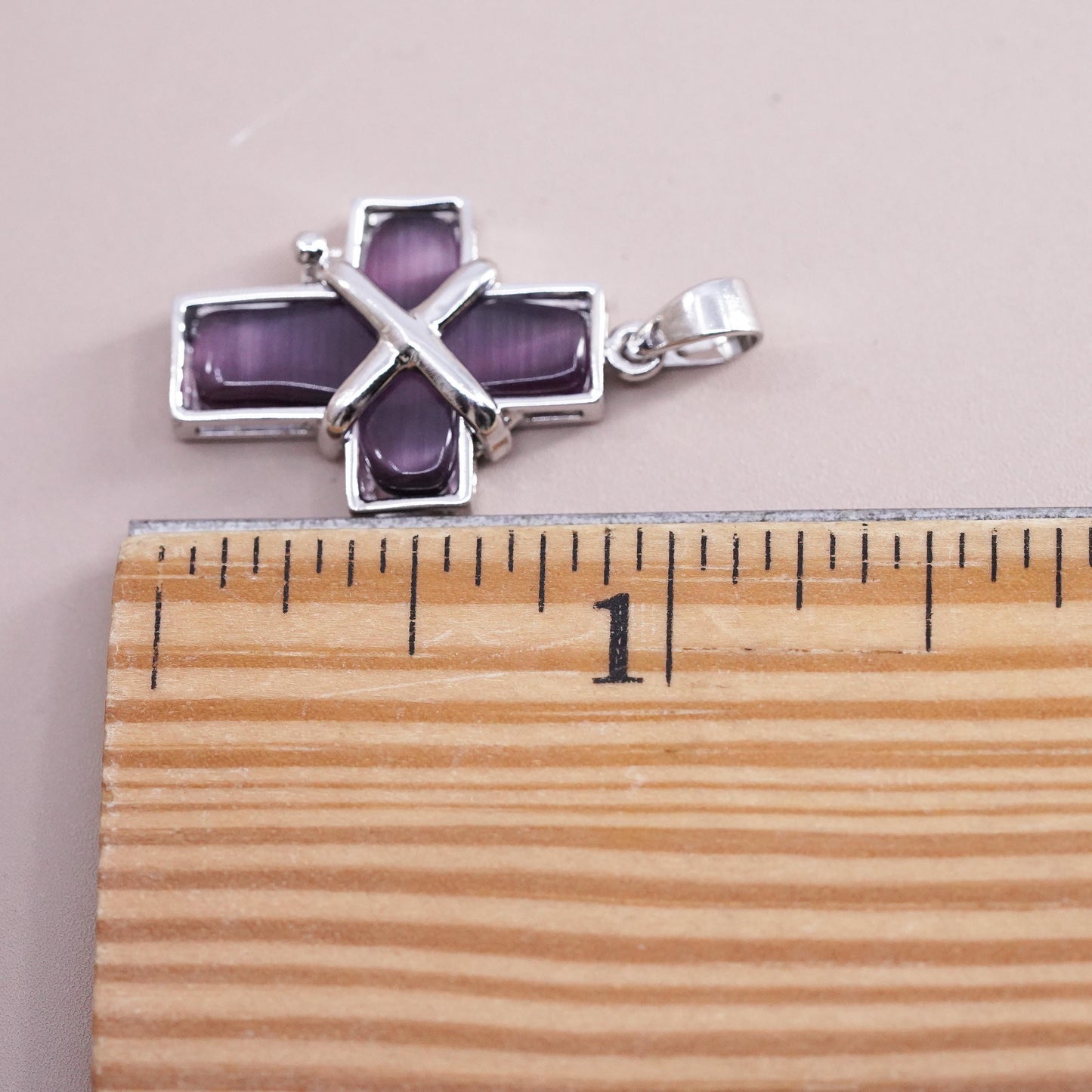 Vintage sterling silver 925 handmade pendant with purple cats eye cross