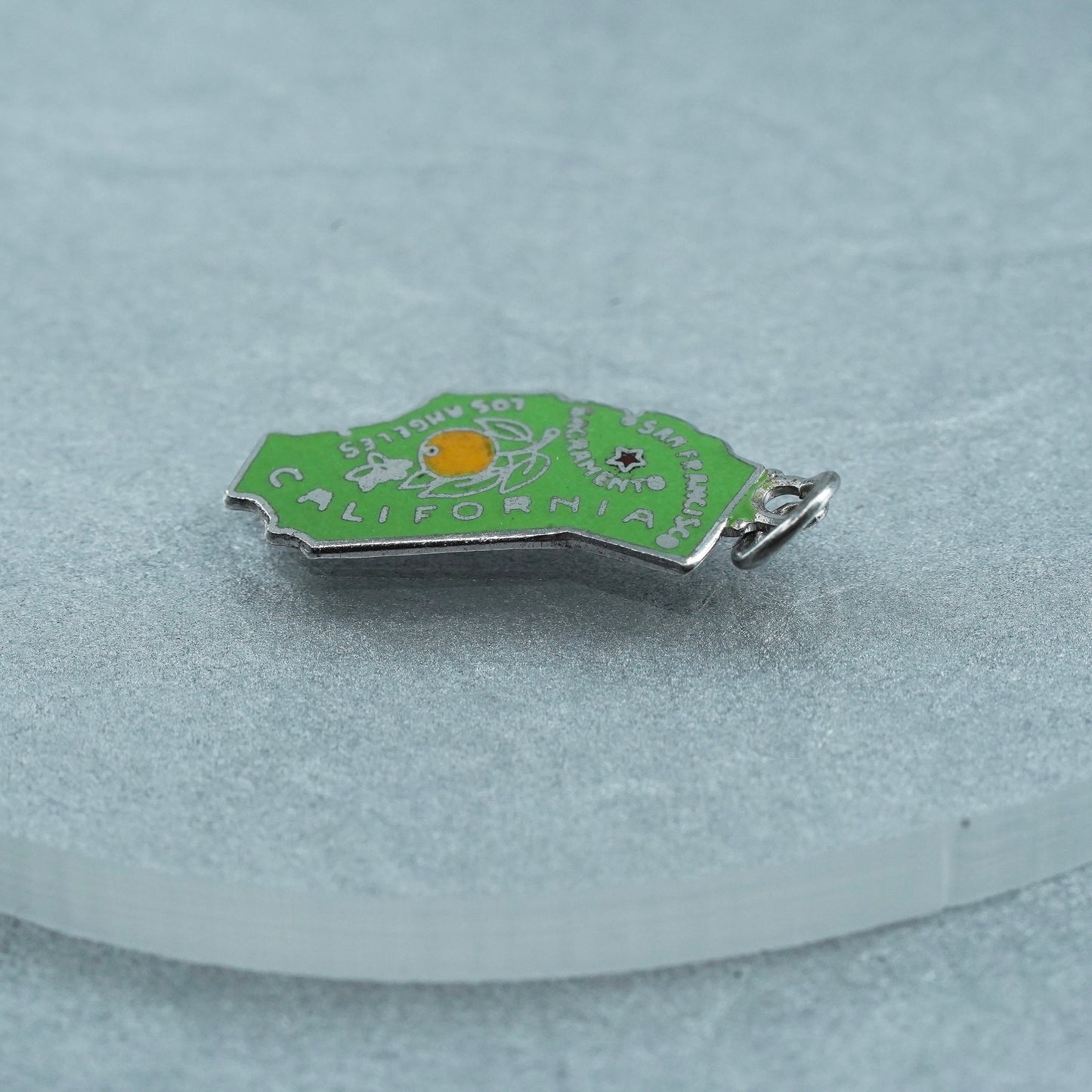 Vinatge Sterling 925 silver charm, green enamel California state tag