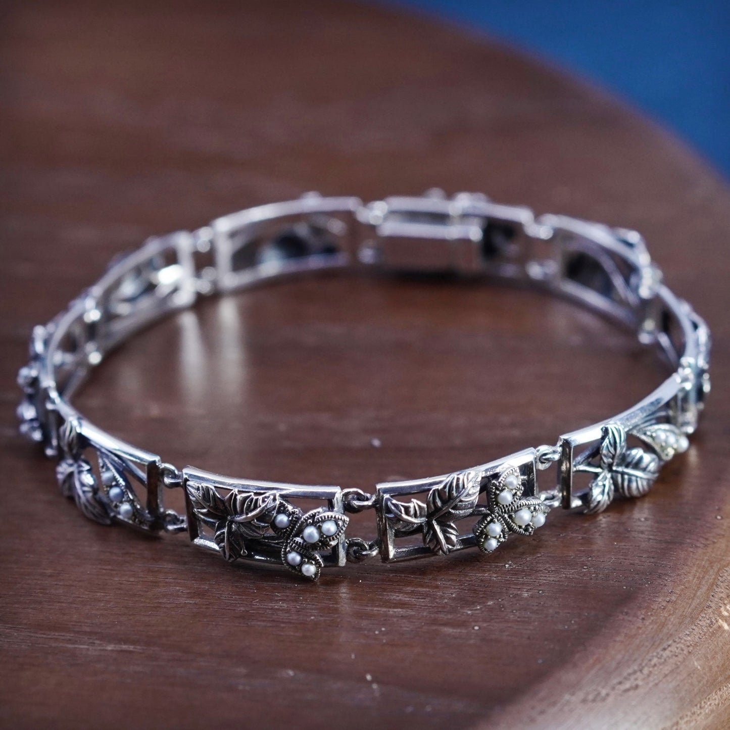 7”, vintage sterling 925 silver tennis bracelet with maple leaves and pearl