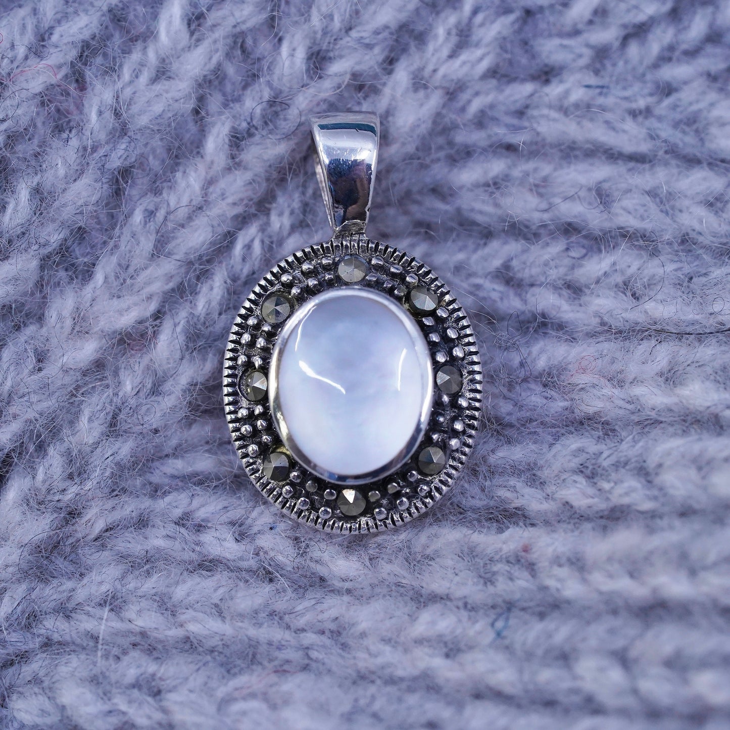 sterling 925 silver handmade pendant with oval mother of pearl and marcasite