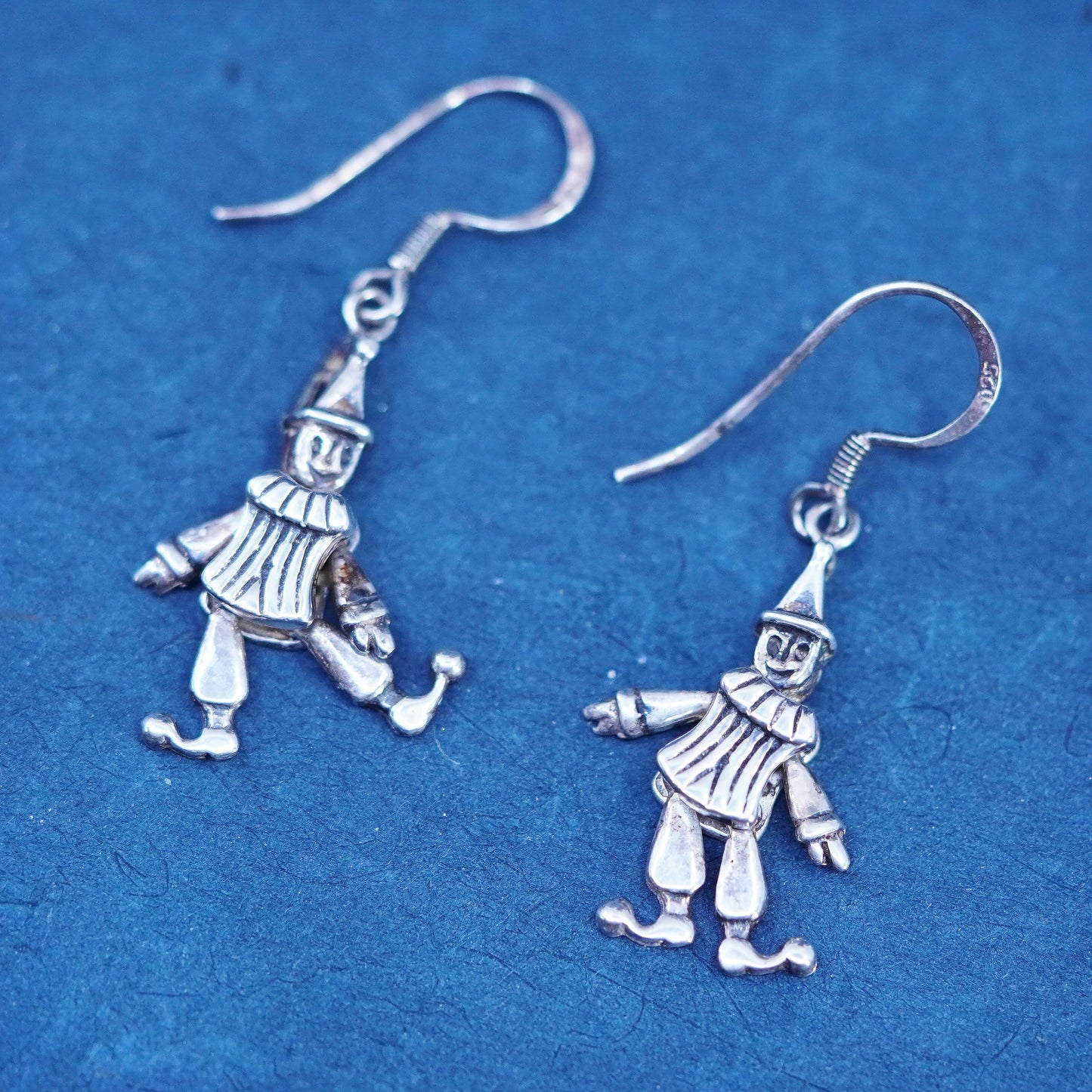 Vintage sterling silver handmade earrings 925 dancing clowns drop movable joint