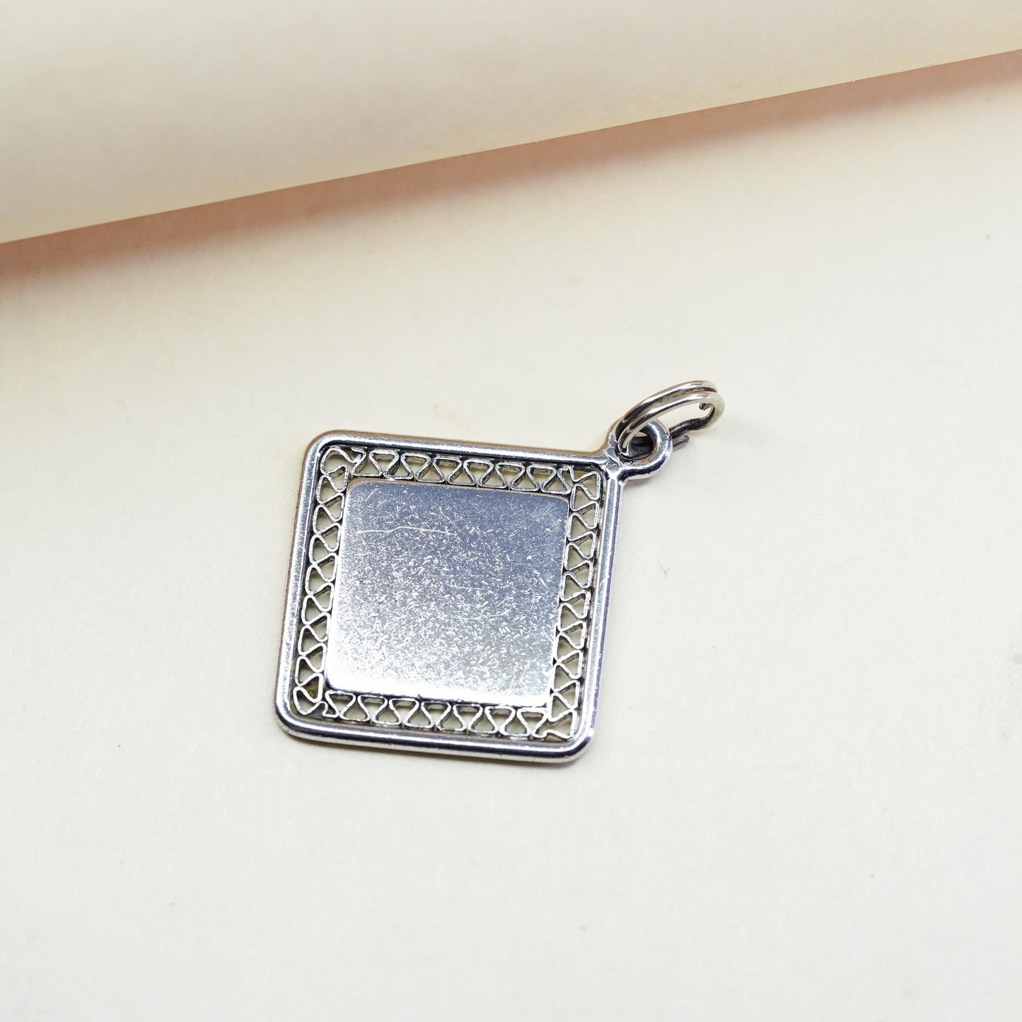 Vintage sterling silver charm, 925 filigree silver blank square tag