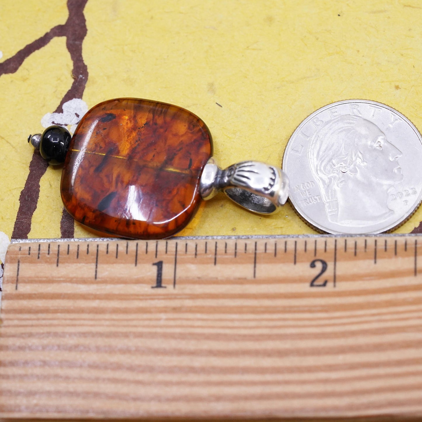 Vintage southwestern Shube Sterling 925 silver handmade pendant w/ Square amber