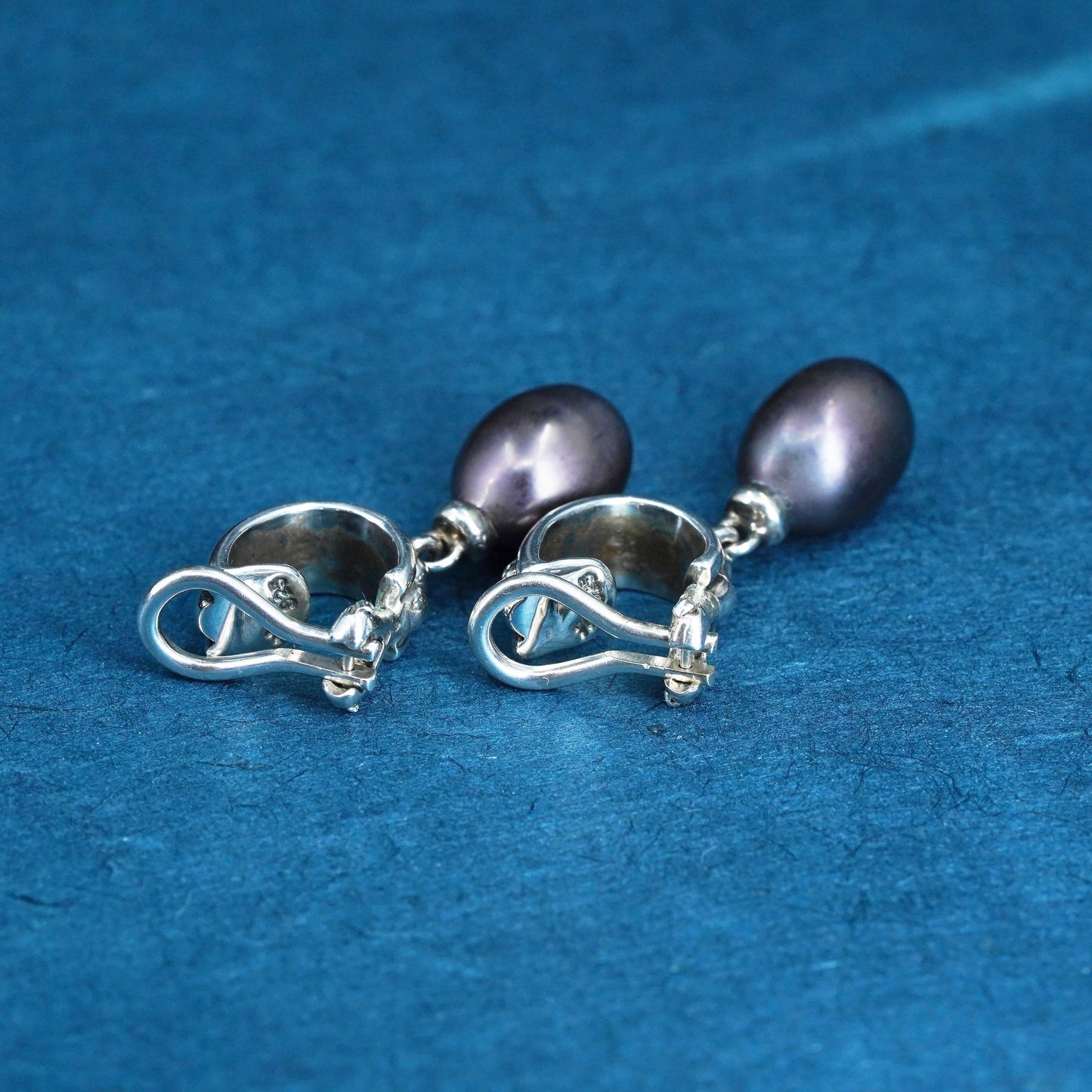 Vintage sterling silver 925 handmade clip on earrings with black pearl beads